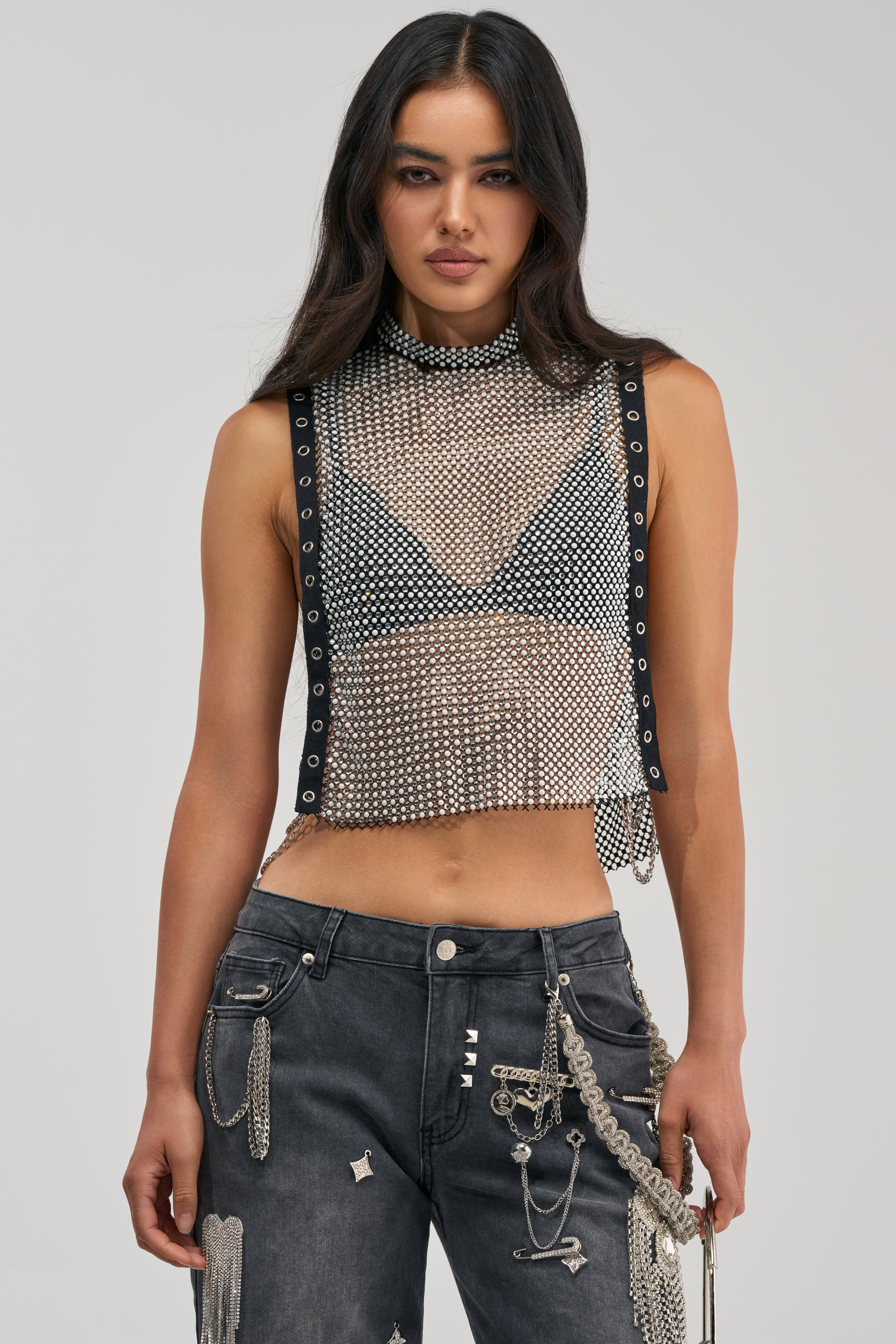 NO CRYING IN THE CLUB RHINESTONE MESH TOP