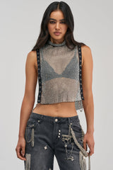 NO CRYING IN THE CLUB RHINESTONE MESH TOP