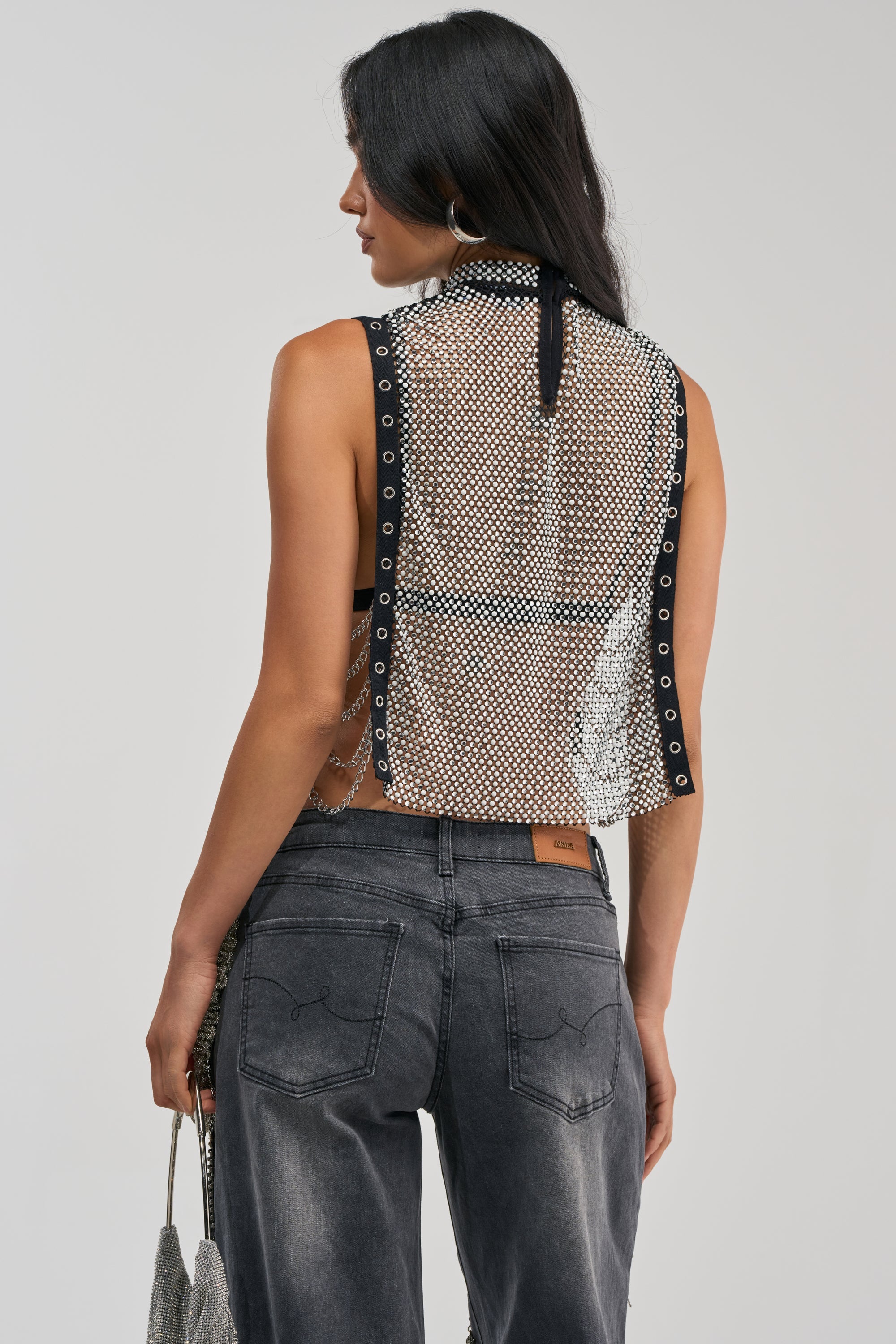 NO CRYING IN THE CLUB RHINESTONE MESH TOP
