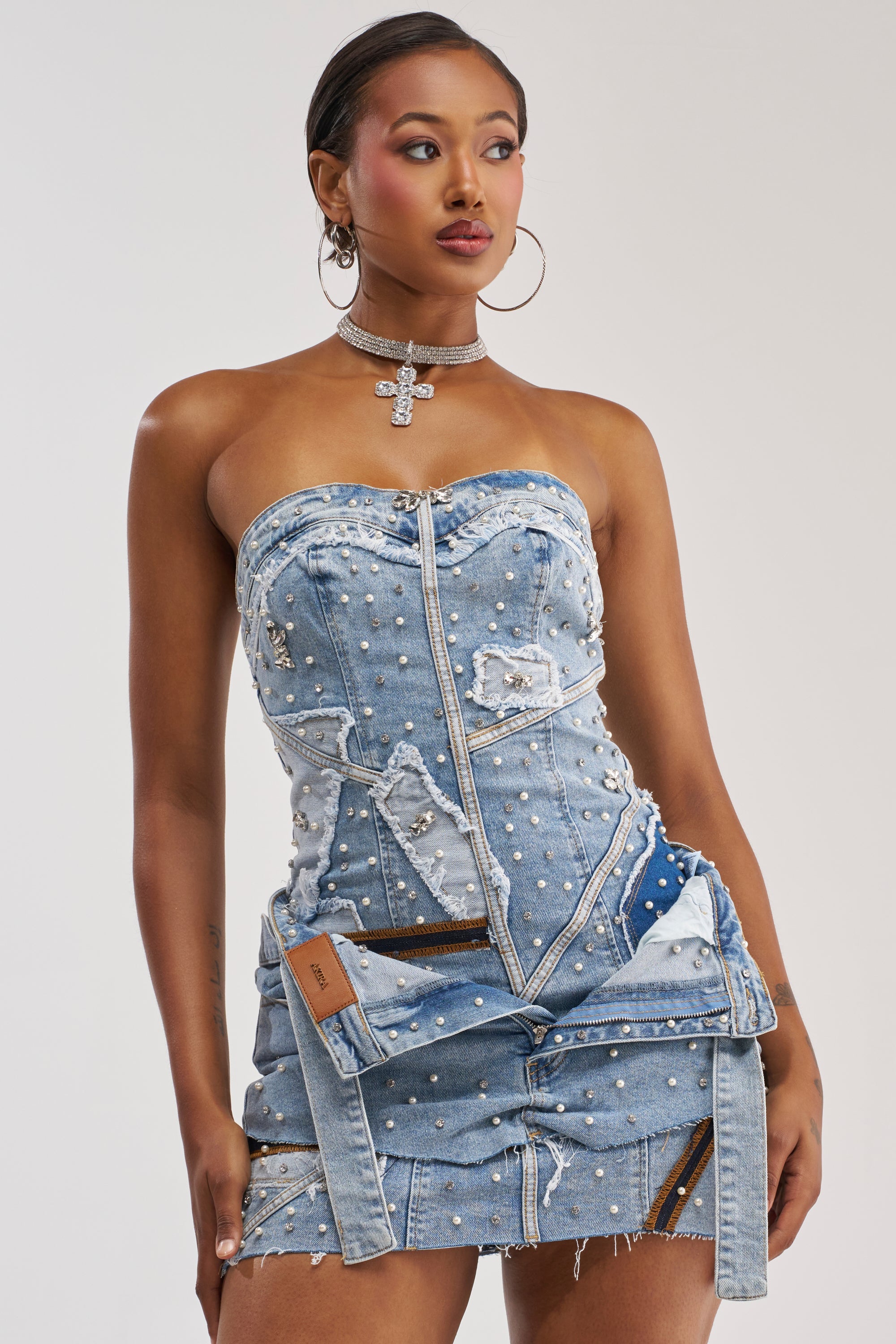 THIS IS MY CALLING EMBELLISHED DENIM MINI DRESS