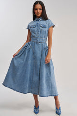MEET THE PARENTS BELTED DENIM MIDI DRESS