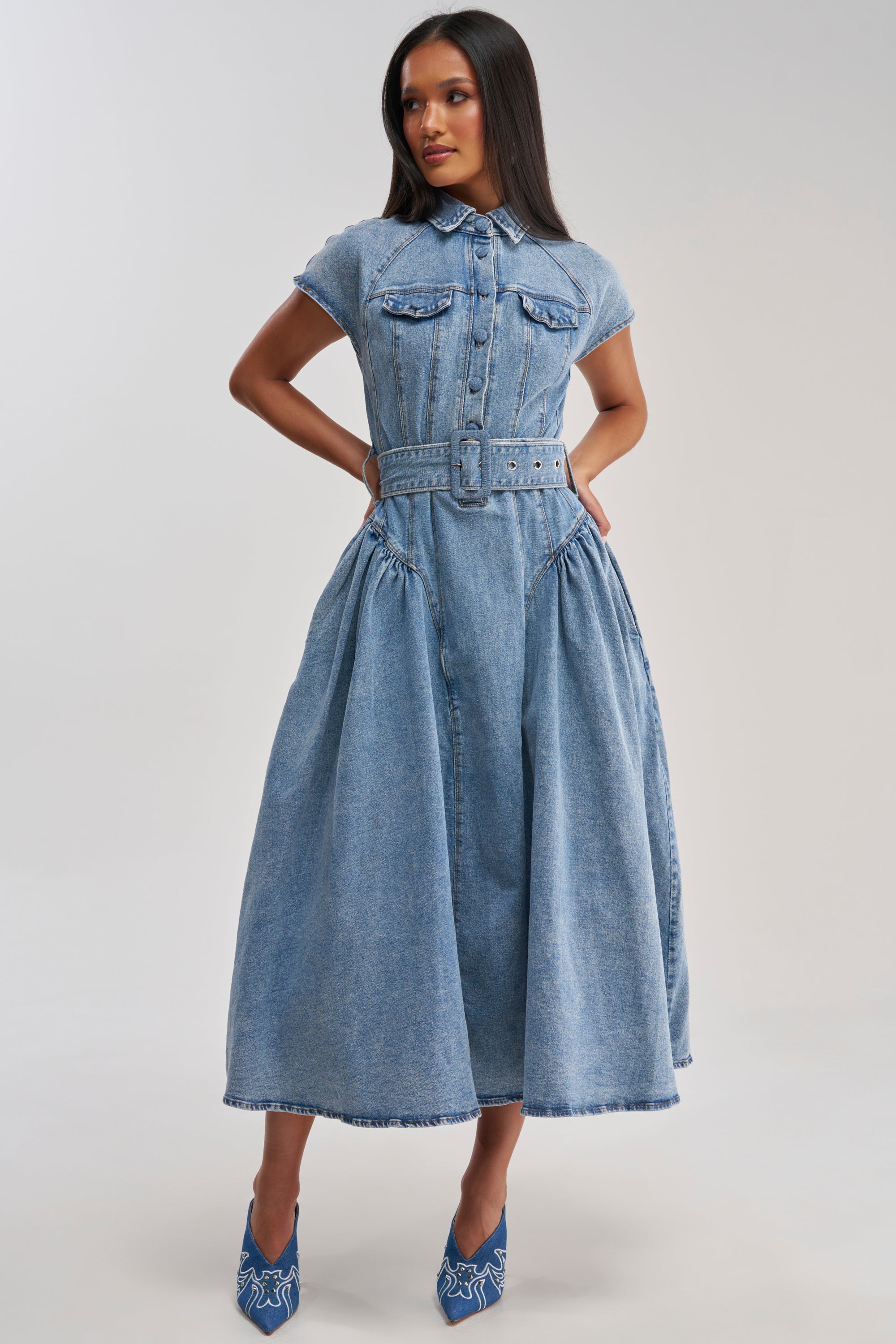 MEET THE PARENTS BELTED DENIM MIDI DRESS