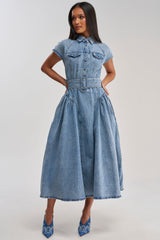 MEET THE PARENTS BELTED DENIM MIDI DRESS