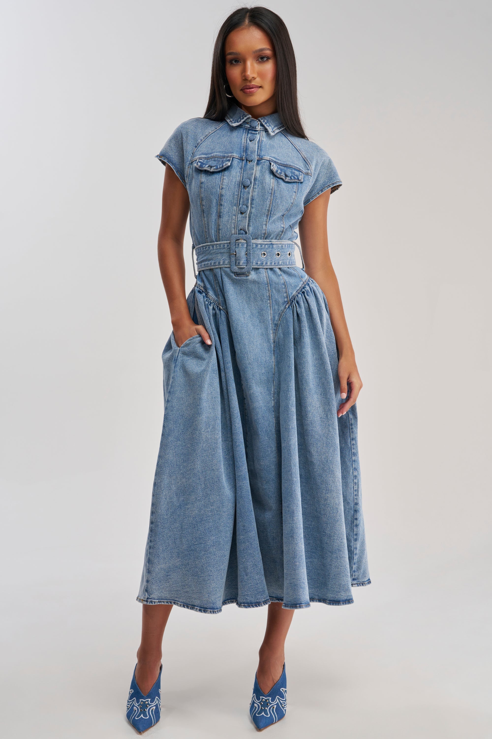 MEET THE PARENTS BELTED DENIM MIDI DRESS
