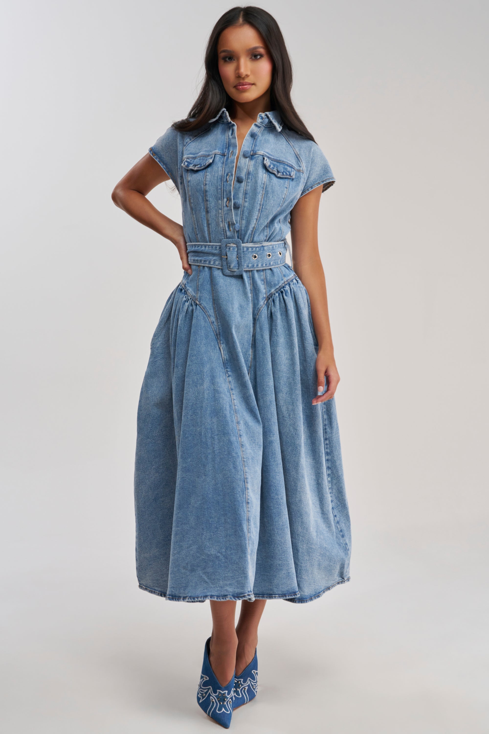 MEET THE PARENTS BELTED DENIM MIDI DRESS