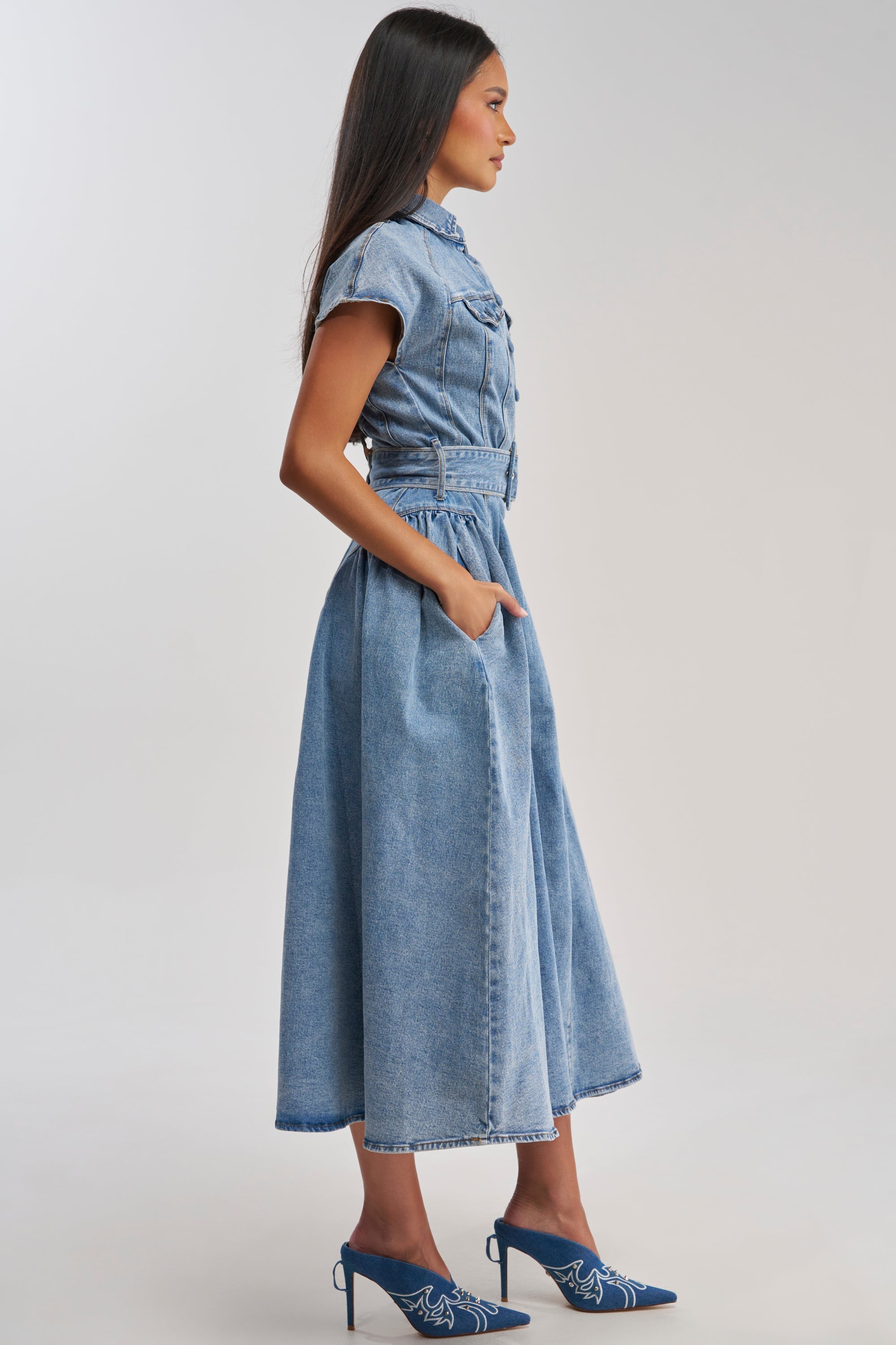 MEET THE PARENTS BELTED DENIM MIDI DRESS