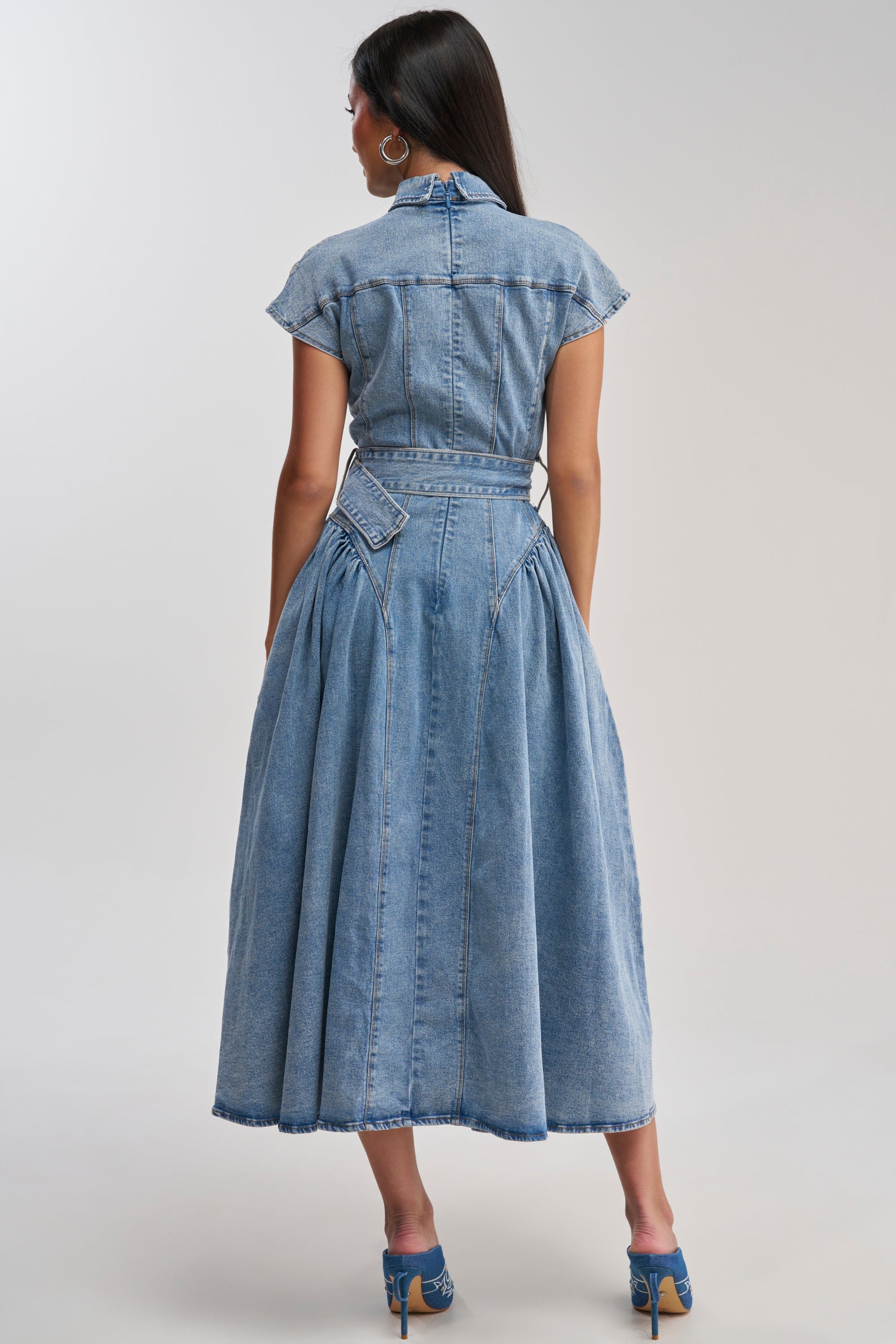 MEET THE PARENTS BELTED DENIM MIDI DRESS