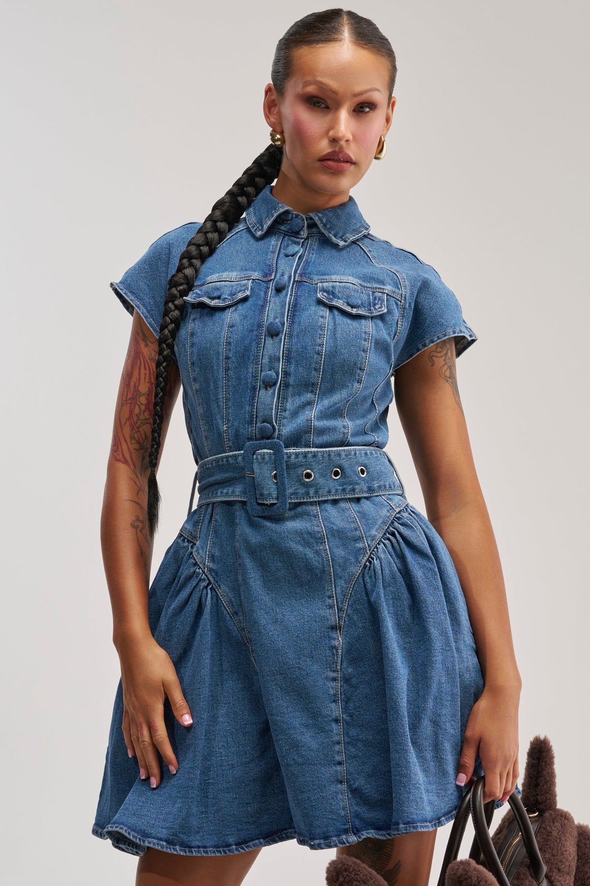 SADIE BUTTON UP DENIM MINI DRESS IN MEDIUM WASH DENIM