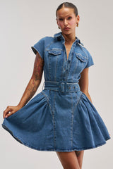 SADIE BUTTON UP DENIM MINI DRESS IN MEDIUM WASH DENIM