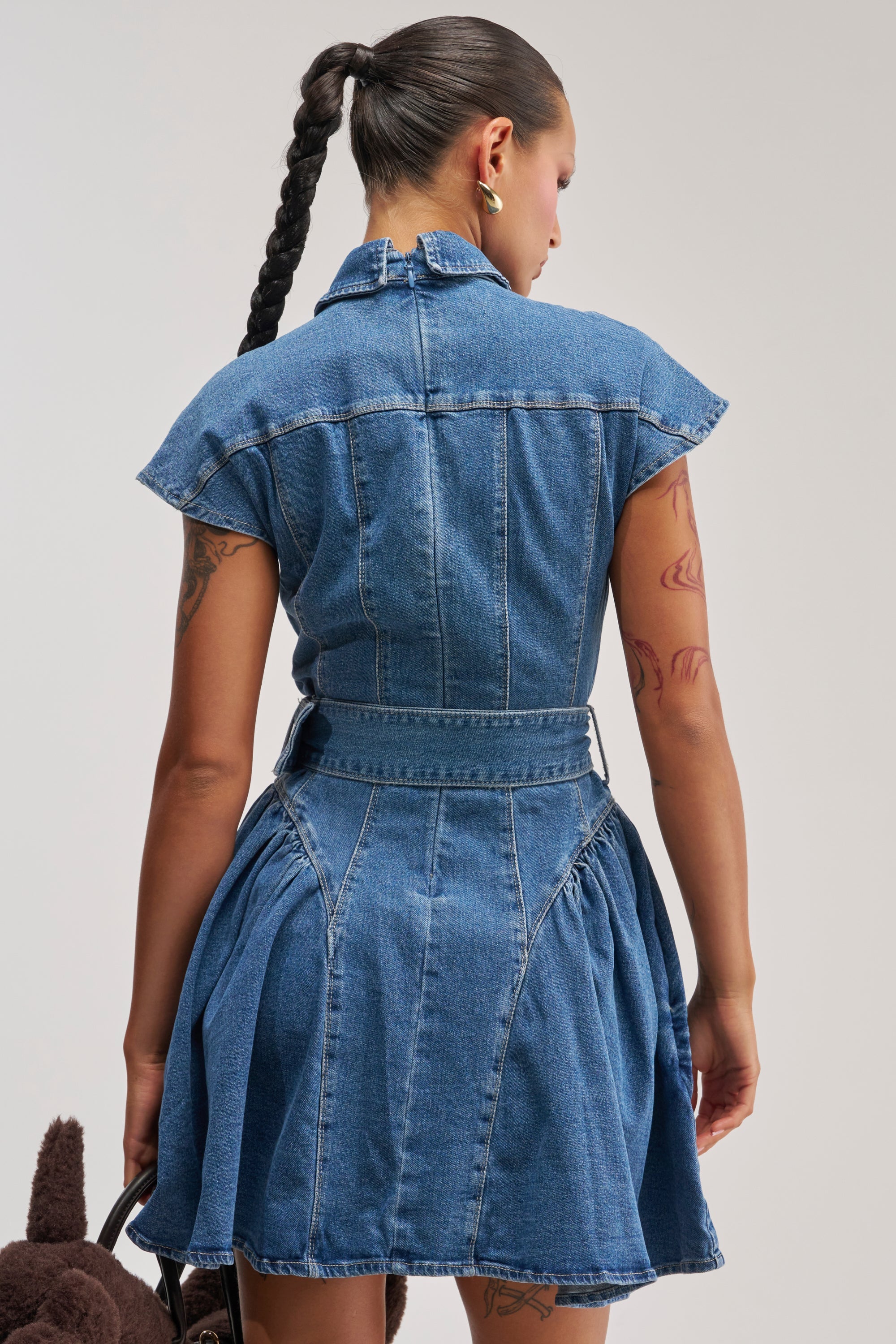 SADIE BUTTON UP DENIM MINI DRESS IN MEDIUM WASH DENIM