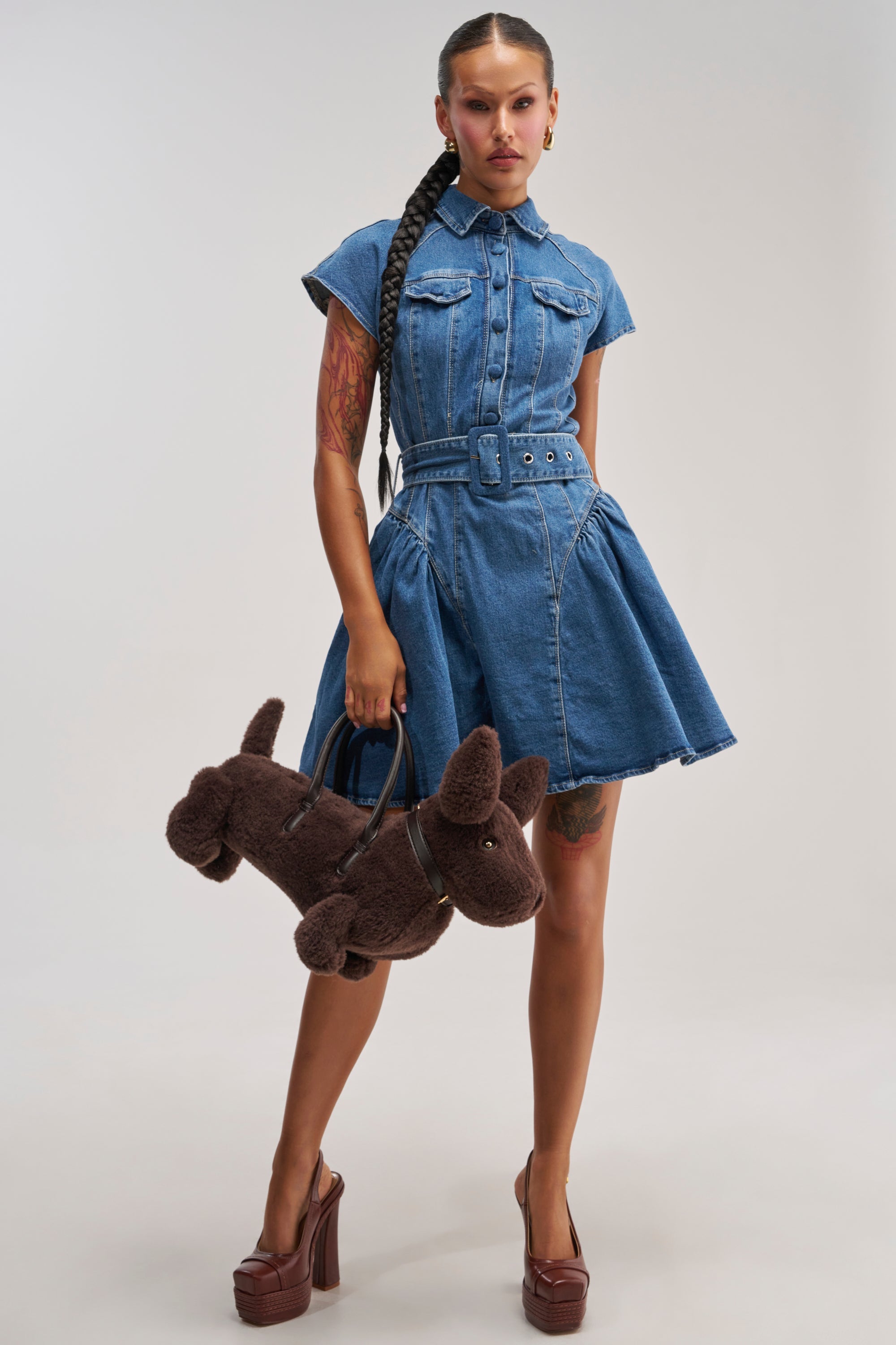 SADIE BUTTON UP DENIM MINI DRESS IN MEDIUM WASH DENIM