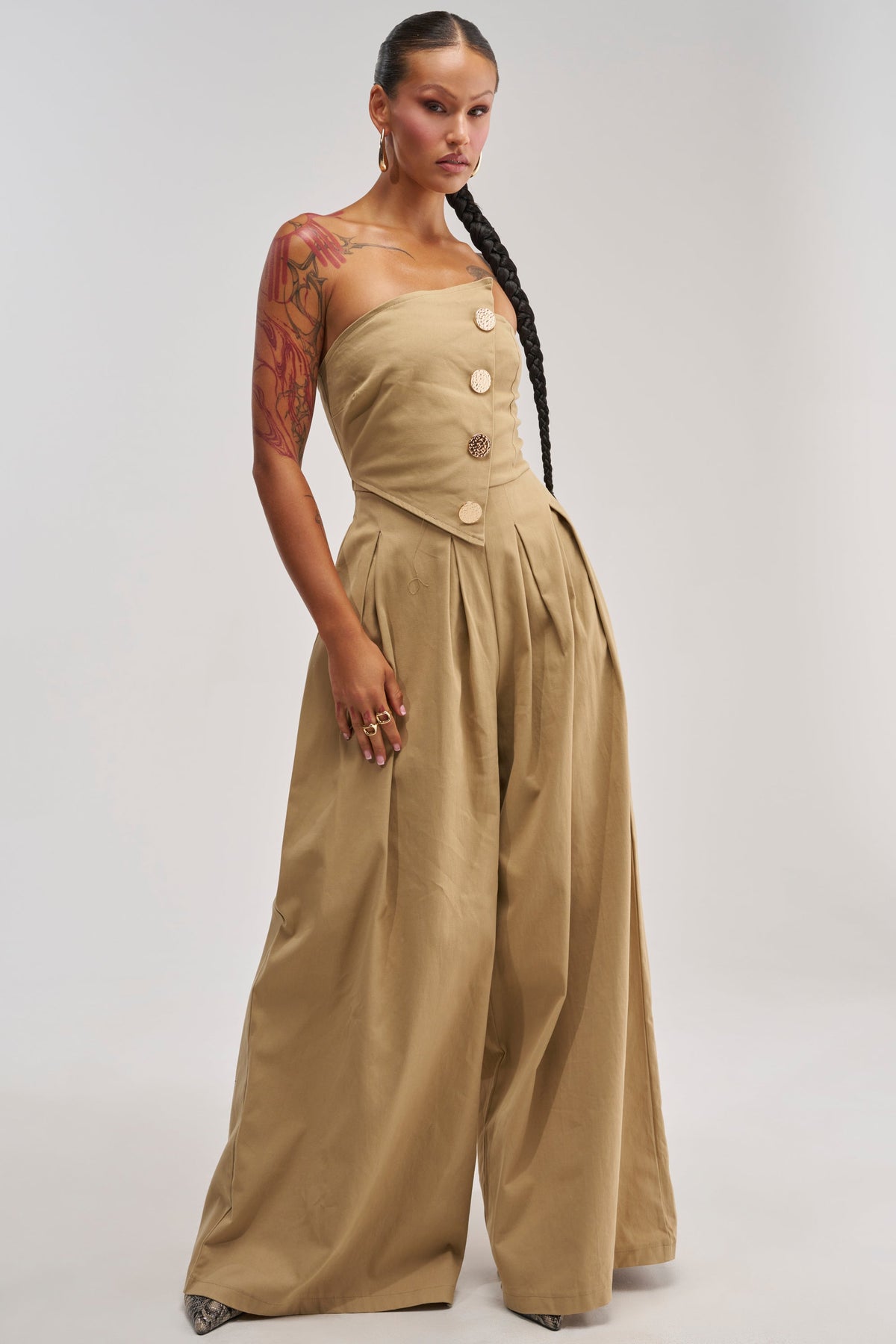 MILANO WOVEN JUMPSUIT IN KHAKI