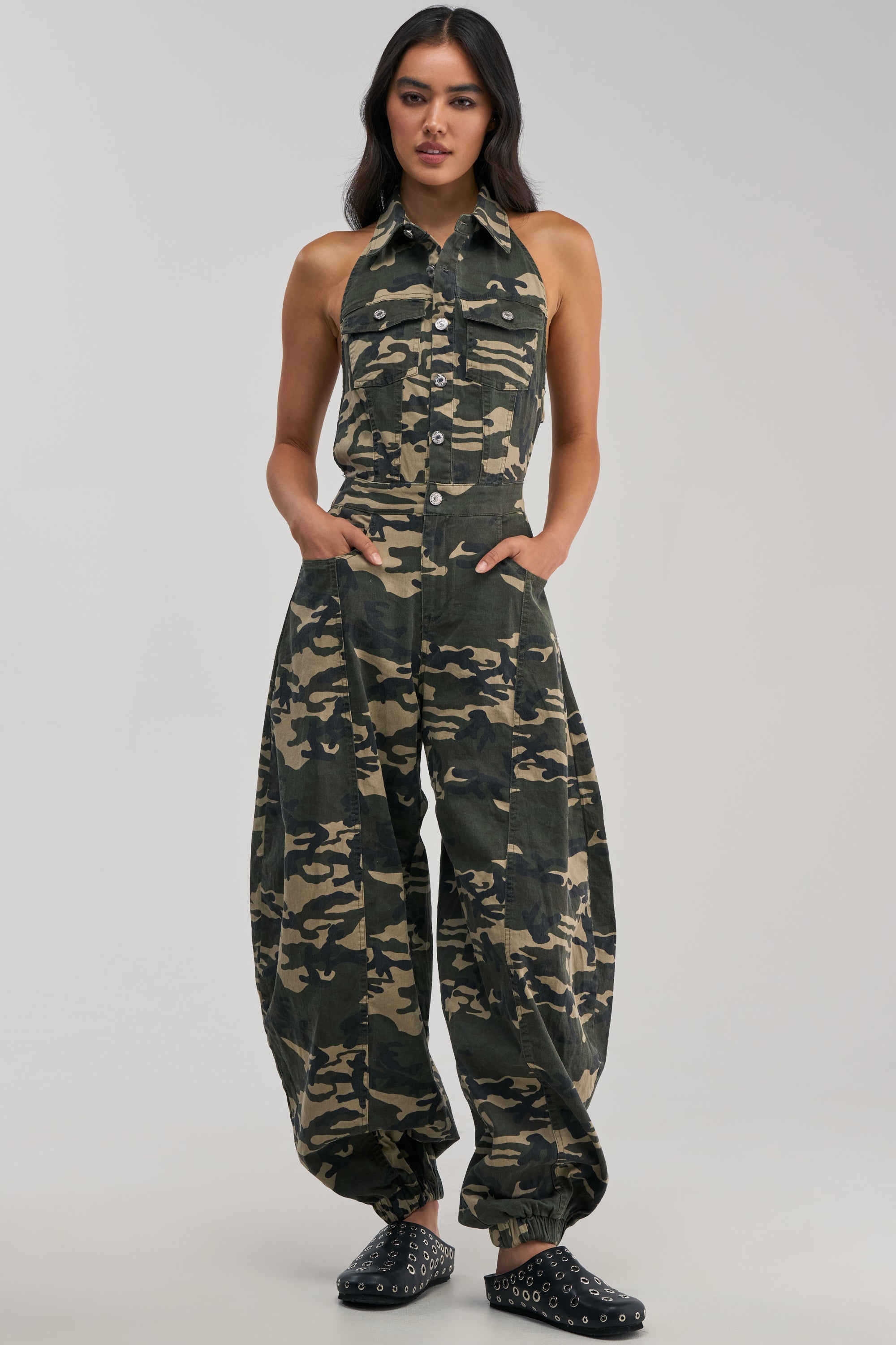 COUNT ME IN CAMO HALTER JUMPSUIT