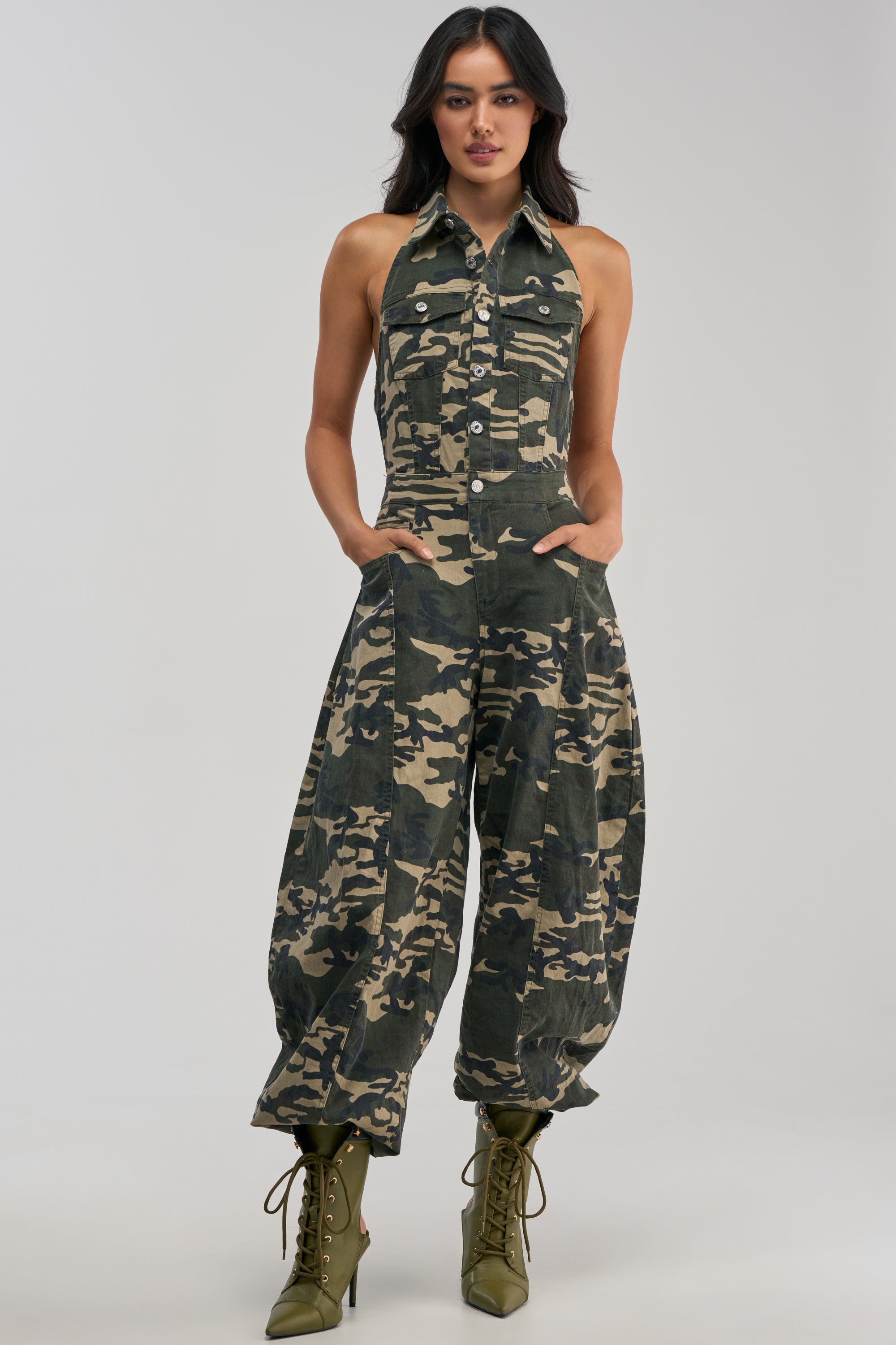 COUNT ME IN CAMO HALTER JUMPSUIT