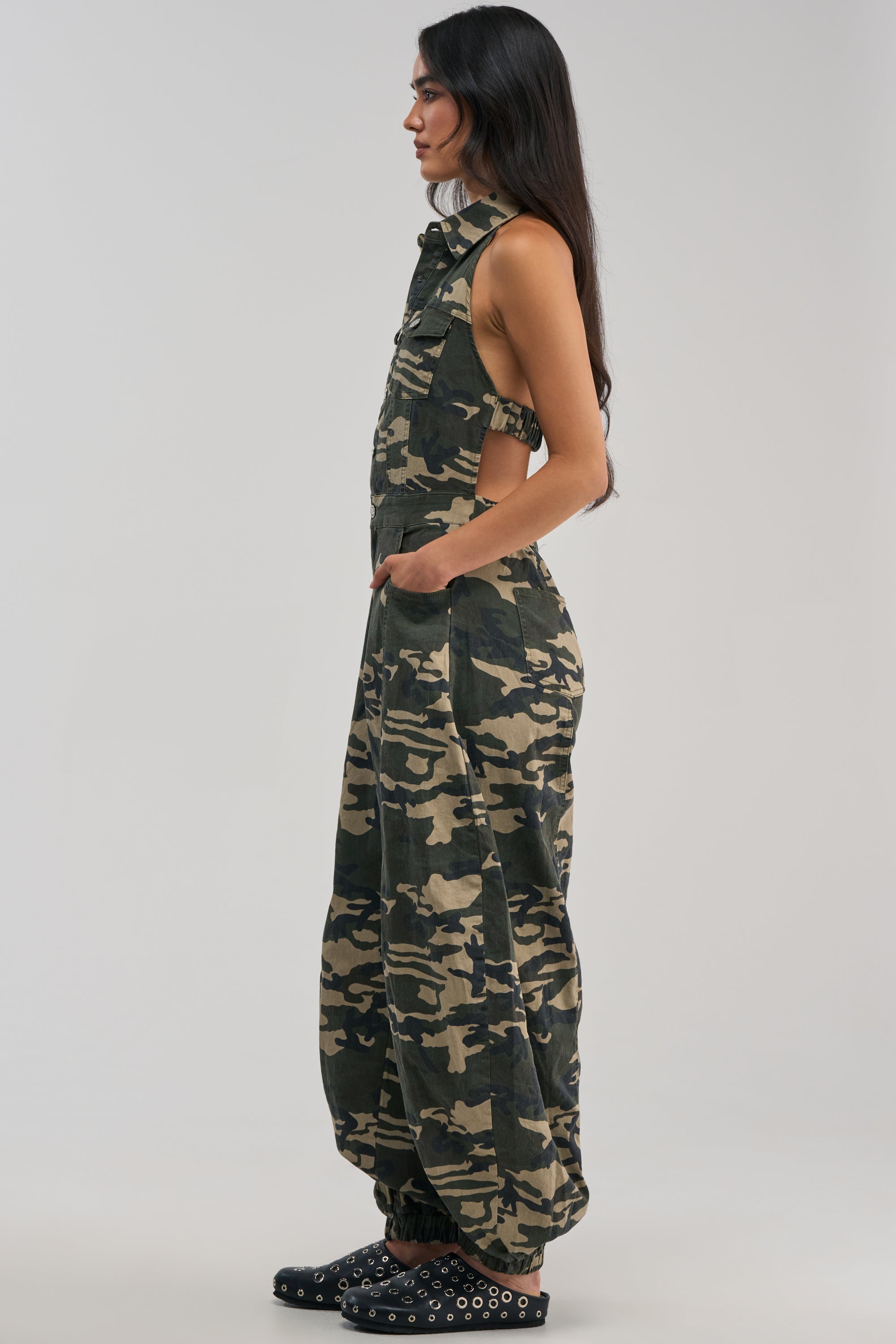 COUNT ME IN CAMO HALTER JUMPSUIT