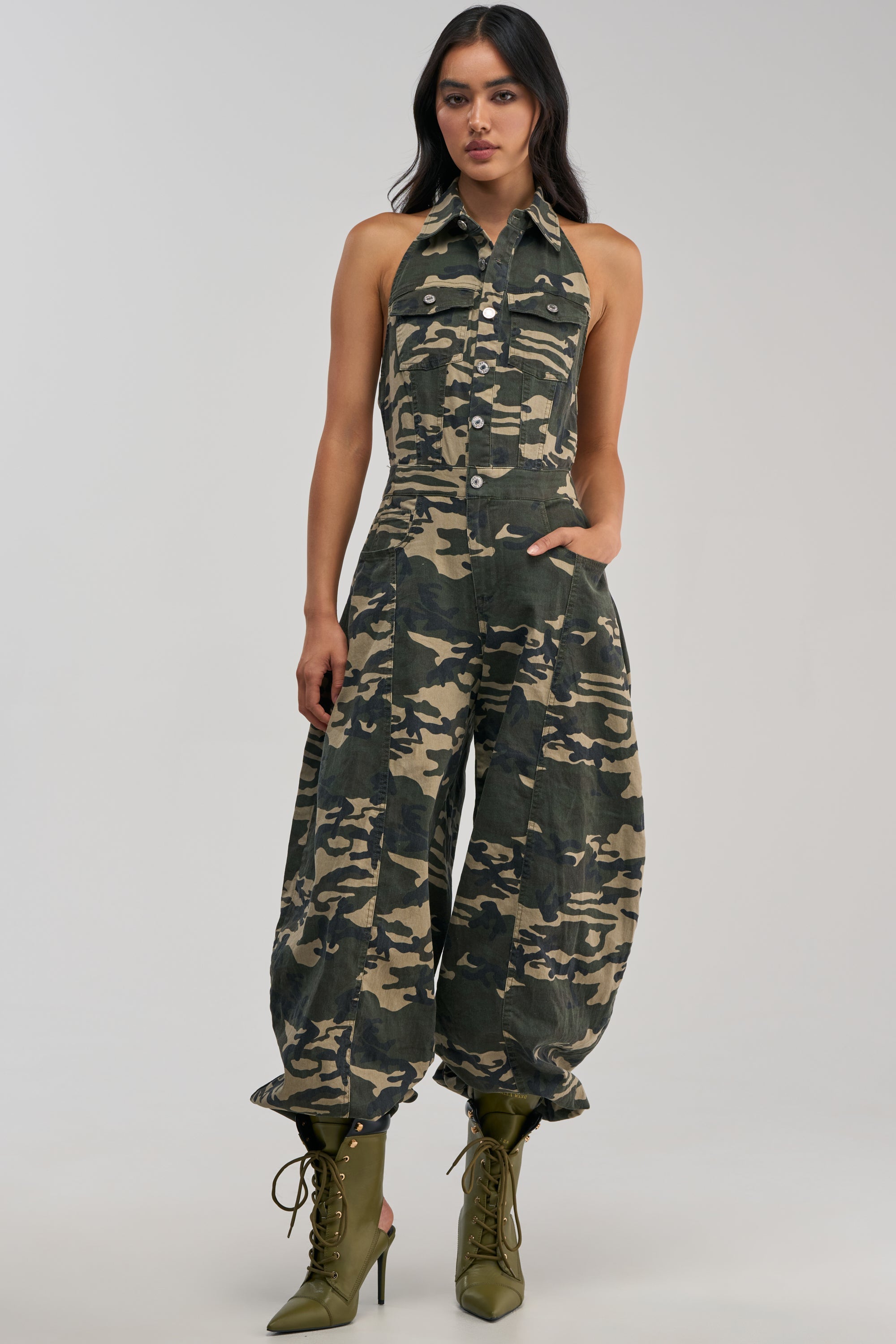 COUNT ME IN CAMO HALTER JUMPSUIT