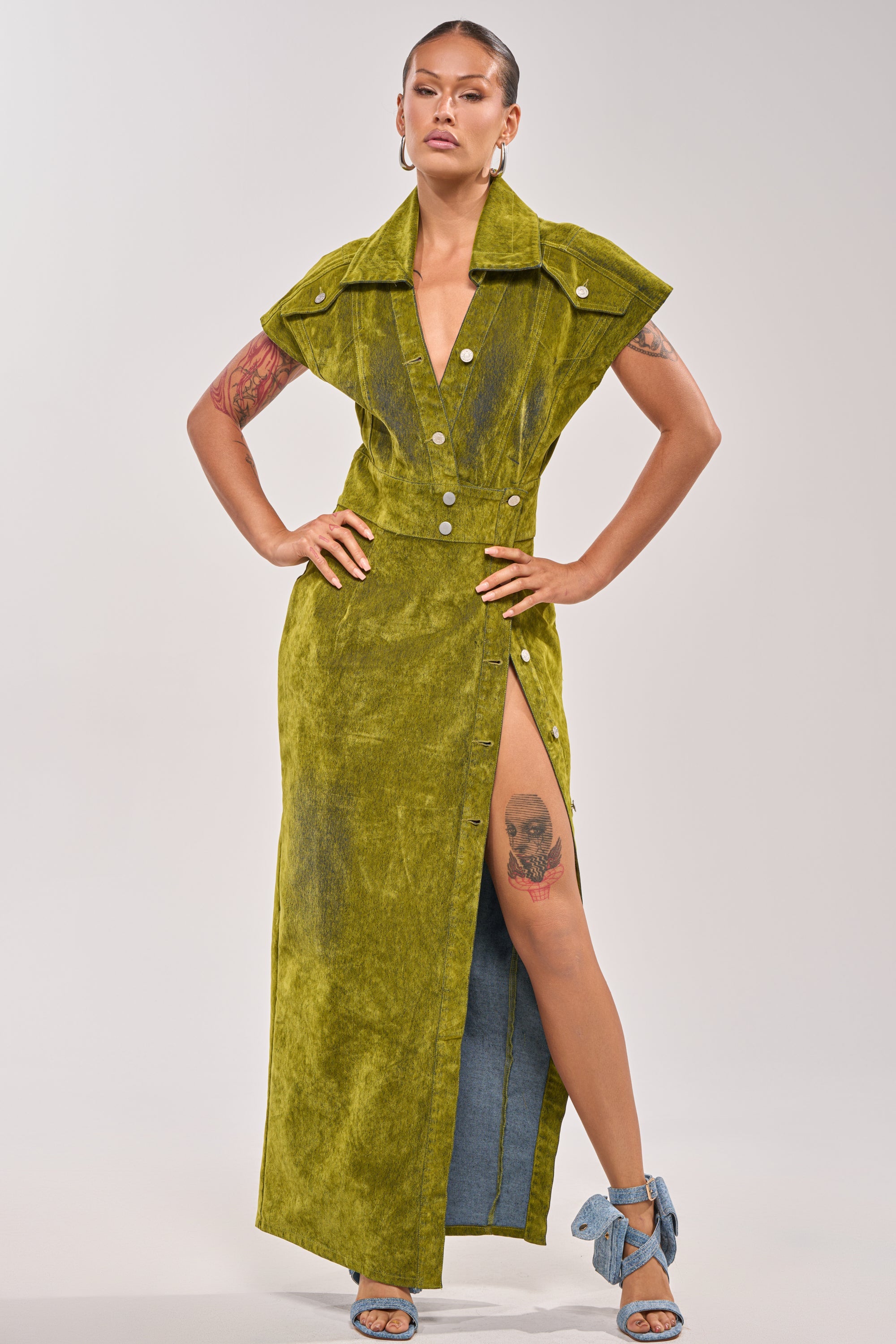 CHELSEA BUTTON DOWN MAXI DRESS IN CHARTREUSE VELVET DENIM