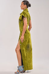 CHELSEA BUTTON DOWN MAXI DRESS IN CHARTREUSE VELVET DENIM