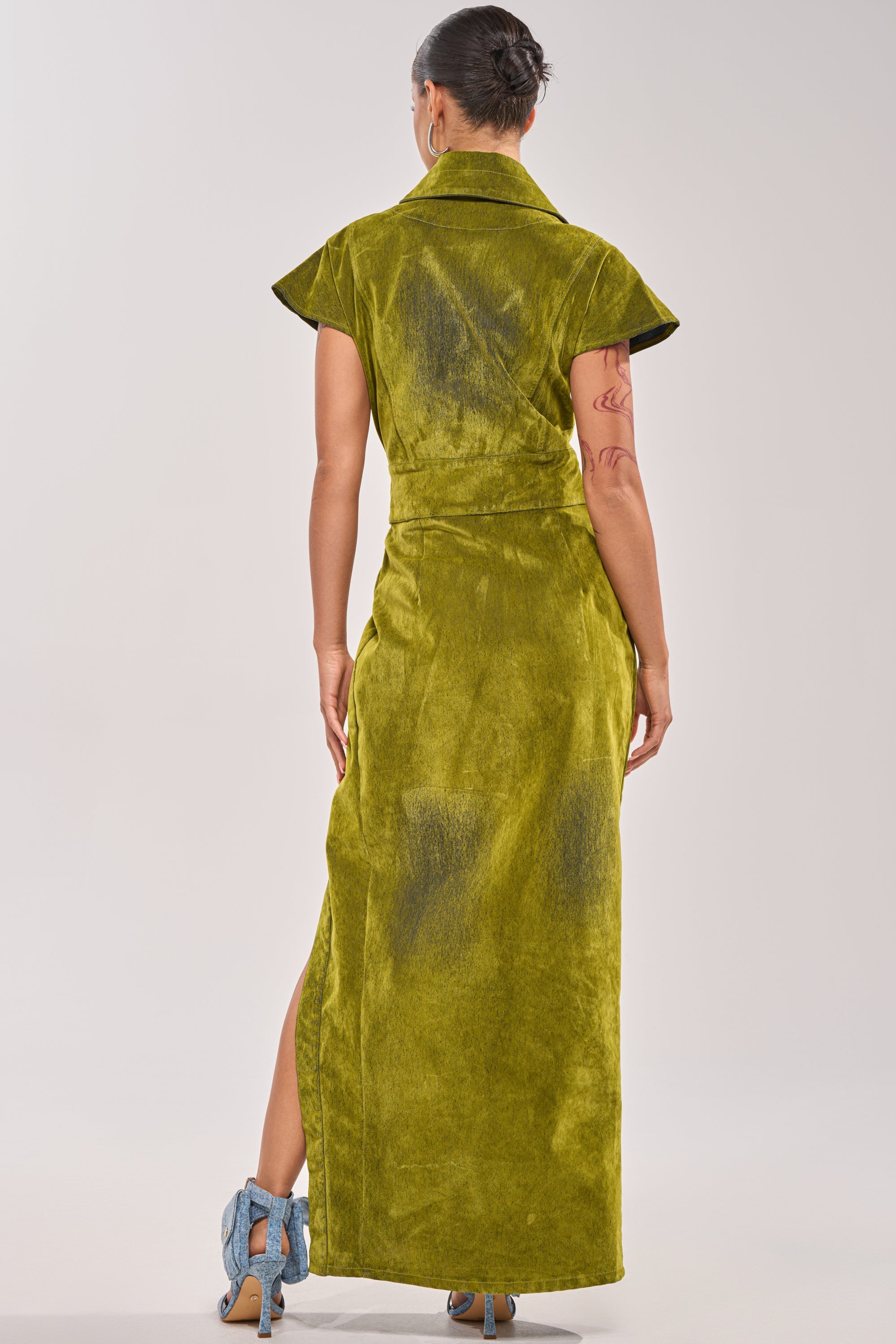 CHELSEA BUTTON DOWN MAXI DRESS IN CHARTREUSE VELVET DENIM