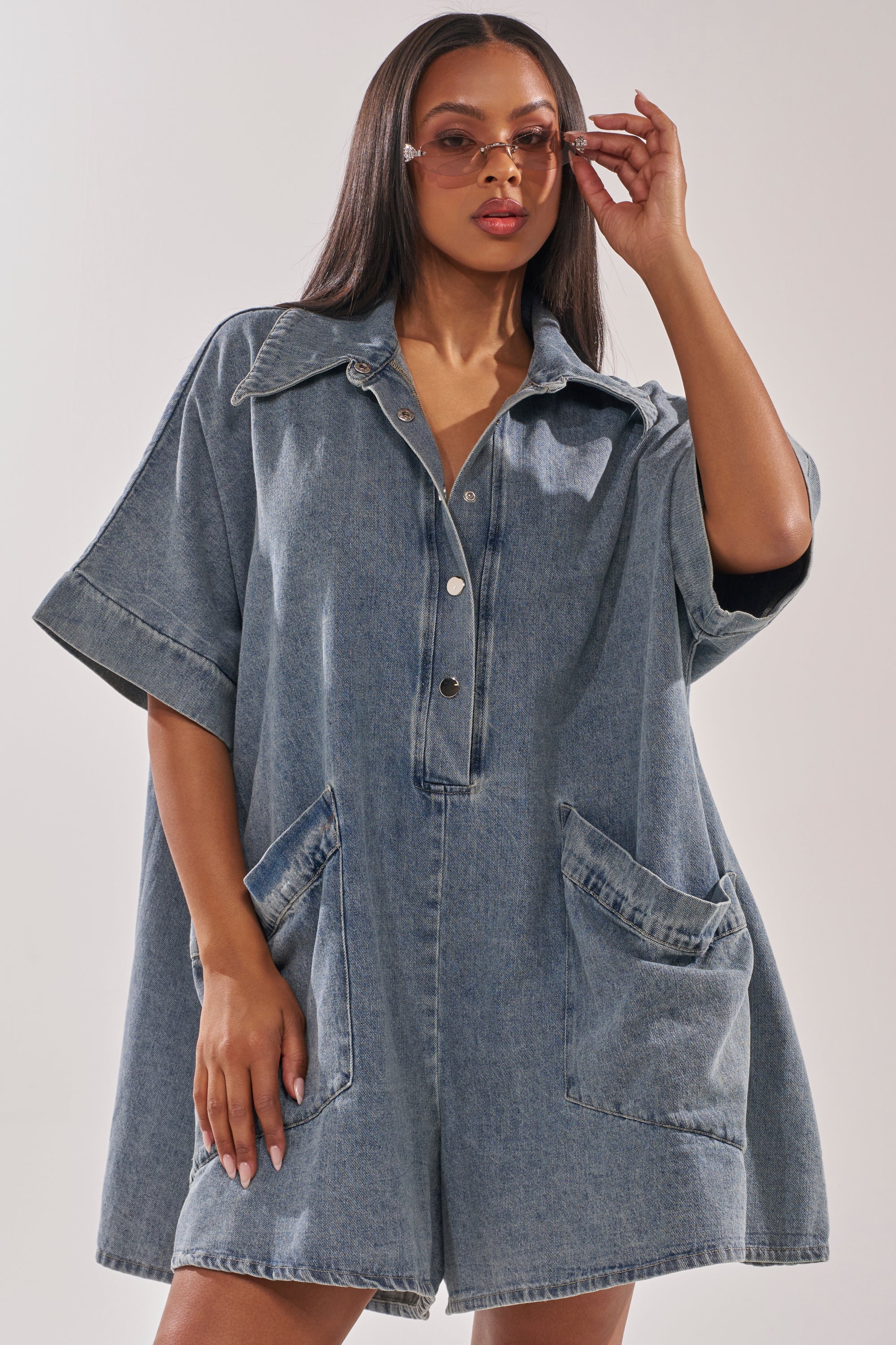 MELODY COLLARED DENIM ROMPER