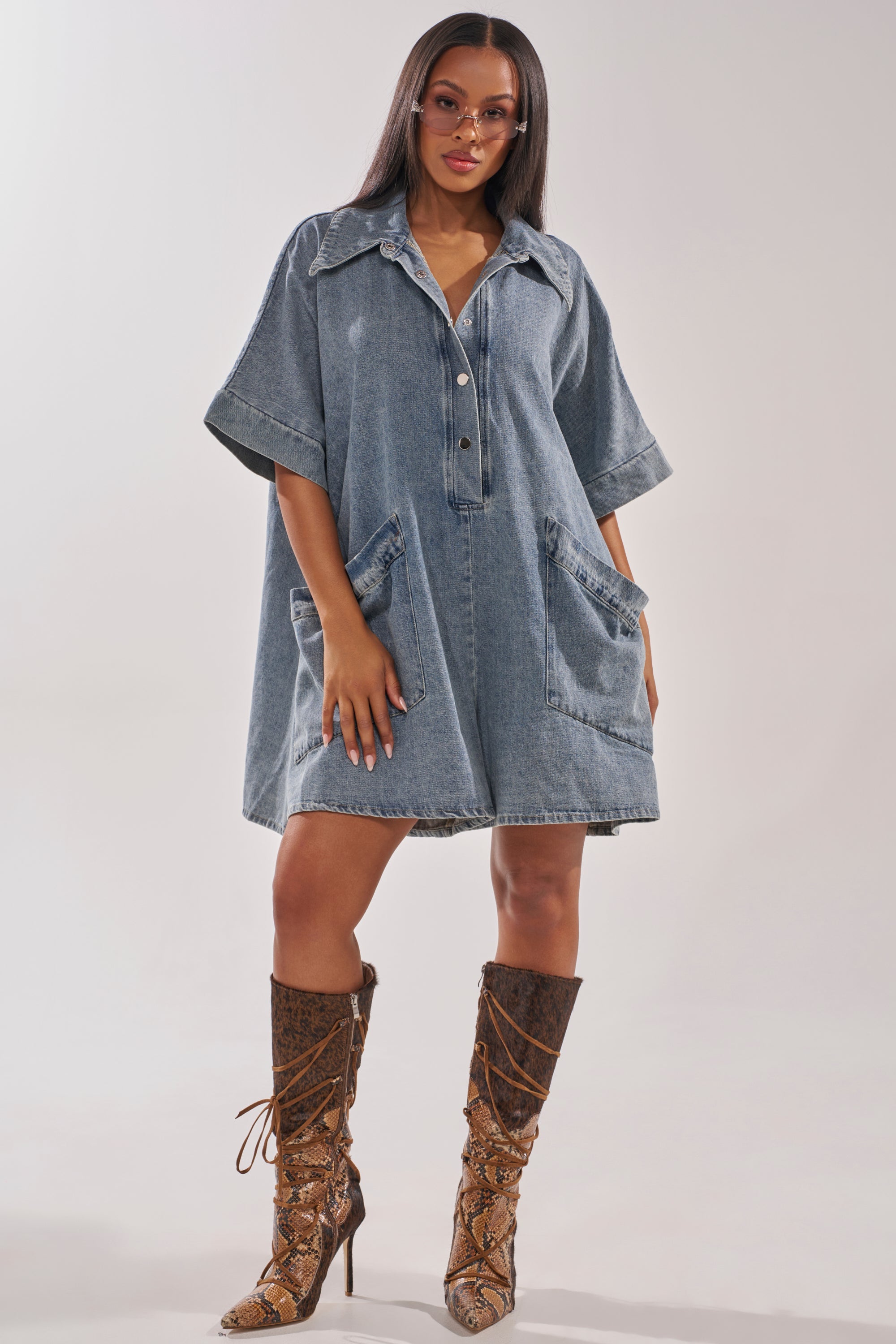 MELODY COLLARED DENIM ROMPER