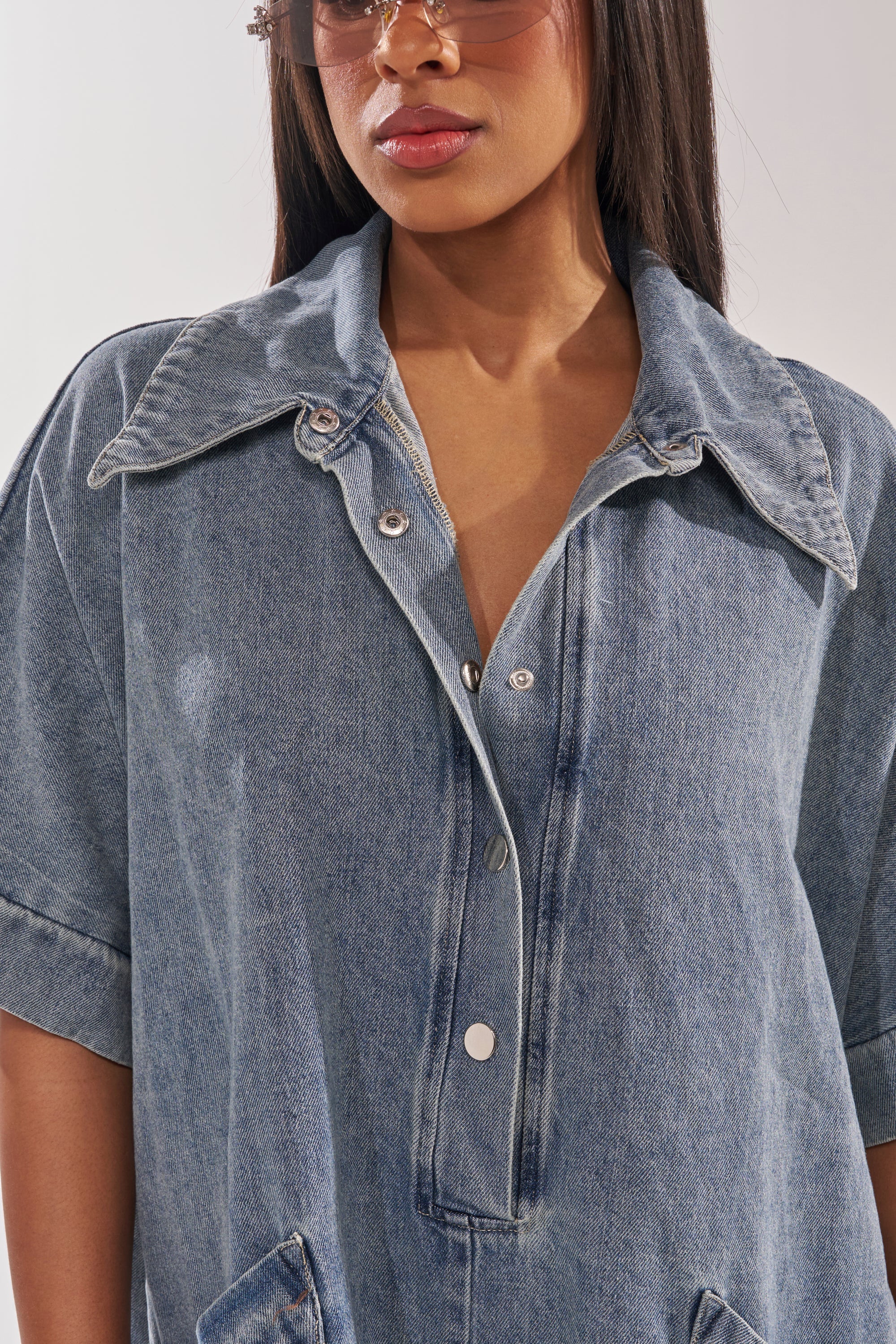 MELODY COLLARED DENIM ROMPER