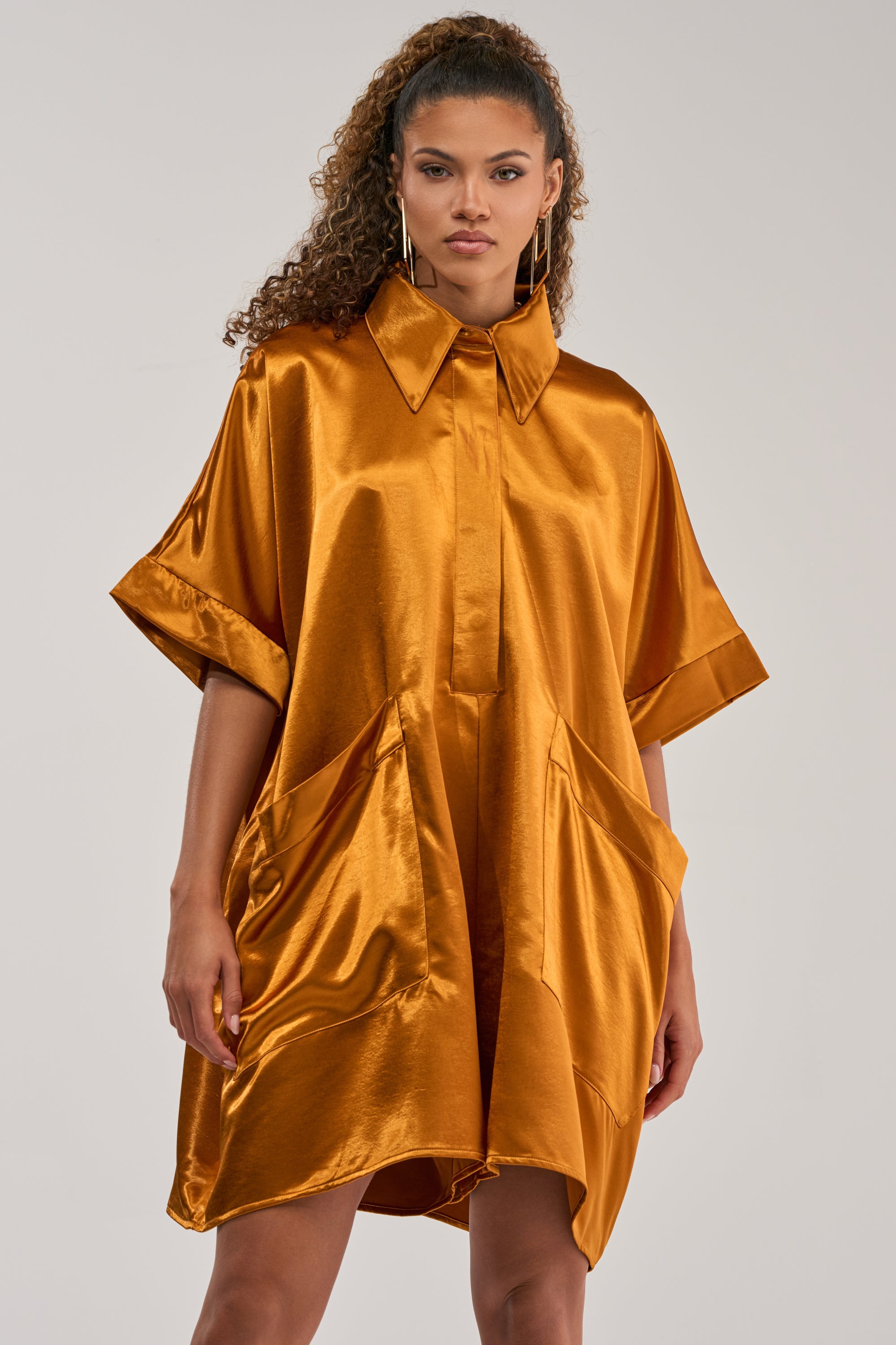SHE'S RICH OVERSIZED SATIN ROMPER IN MUSTARD
