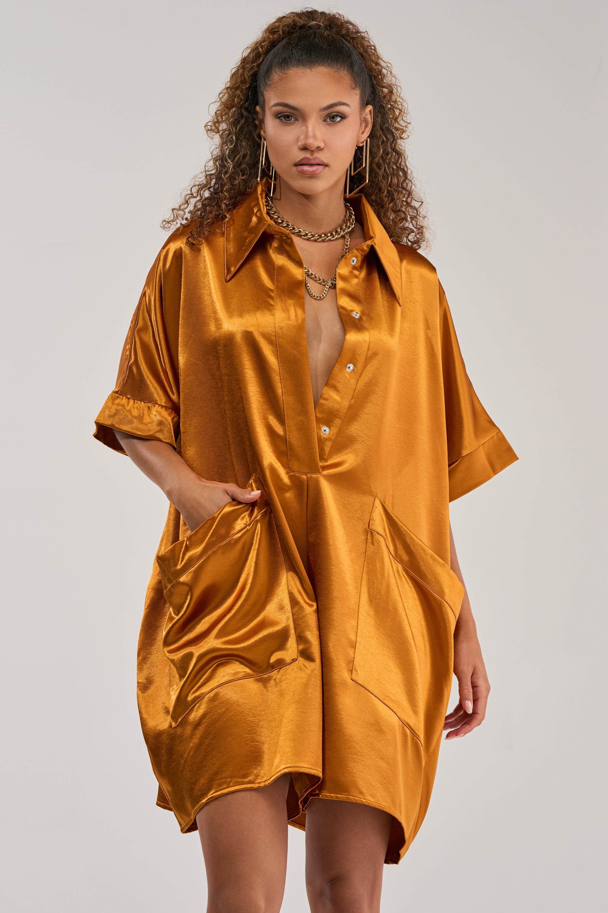 SHE'S RICH OVERSIZED SATIN ROMPER IN MUSTARD