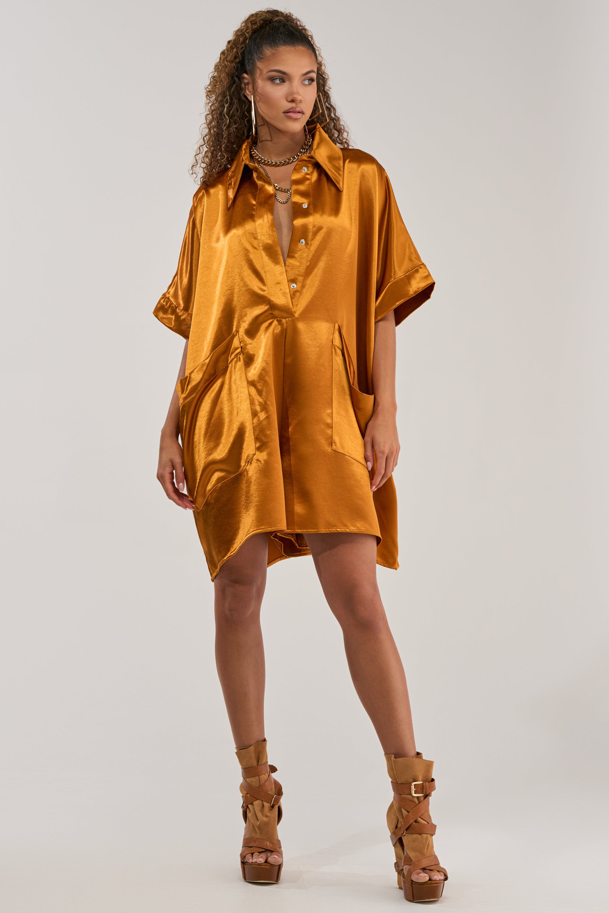 SHE'S RICH OVERSIZED SATIN ROMPER IN MUSTARD