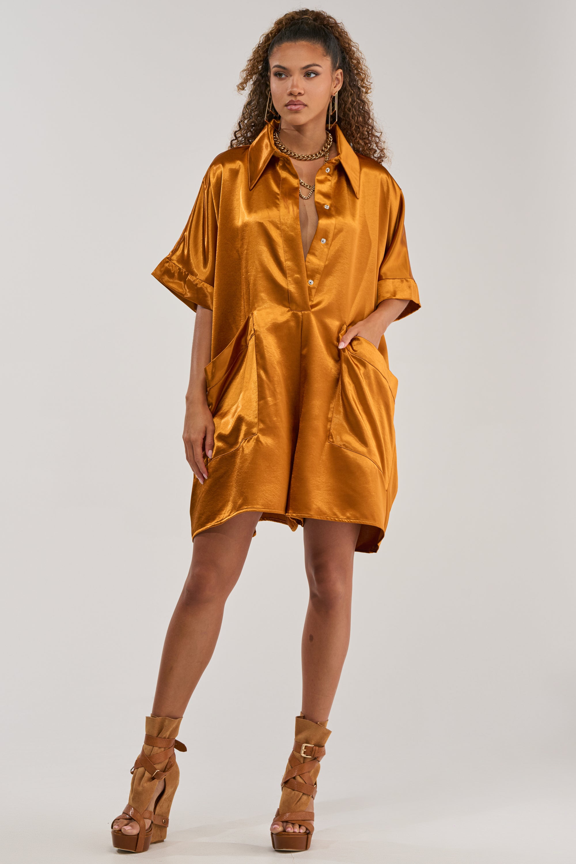 SHE'S RICH OVERSIZED SATIN ROMPER IN MUSTARD