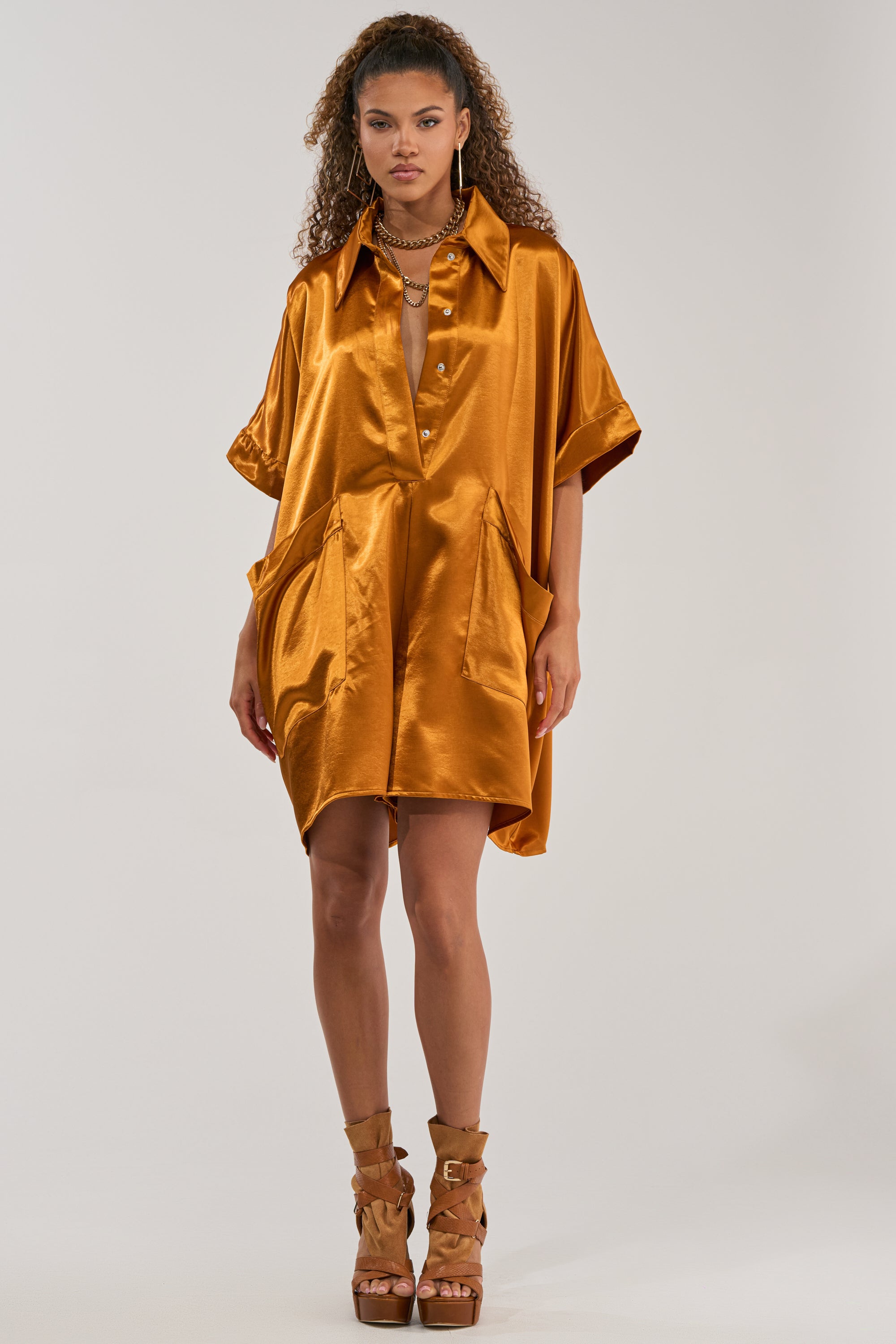 SHE'S RICH OVERSIZED SATIN ROMPER IN MUSTARD