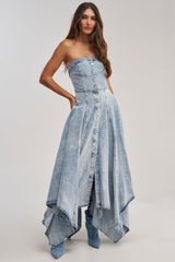 MISS ME YET STRAPLESS DENIM MIDI DRESS