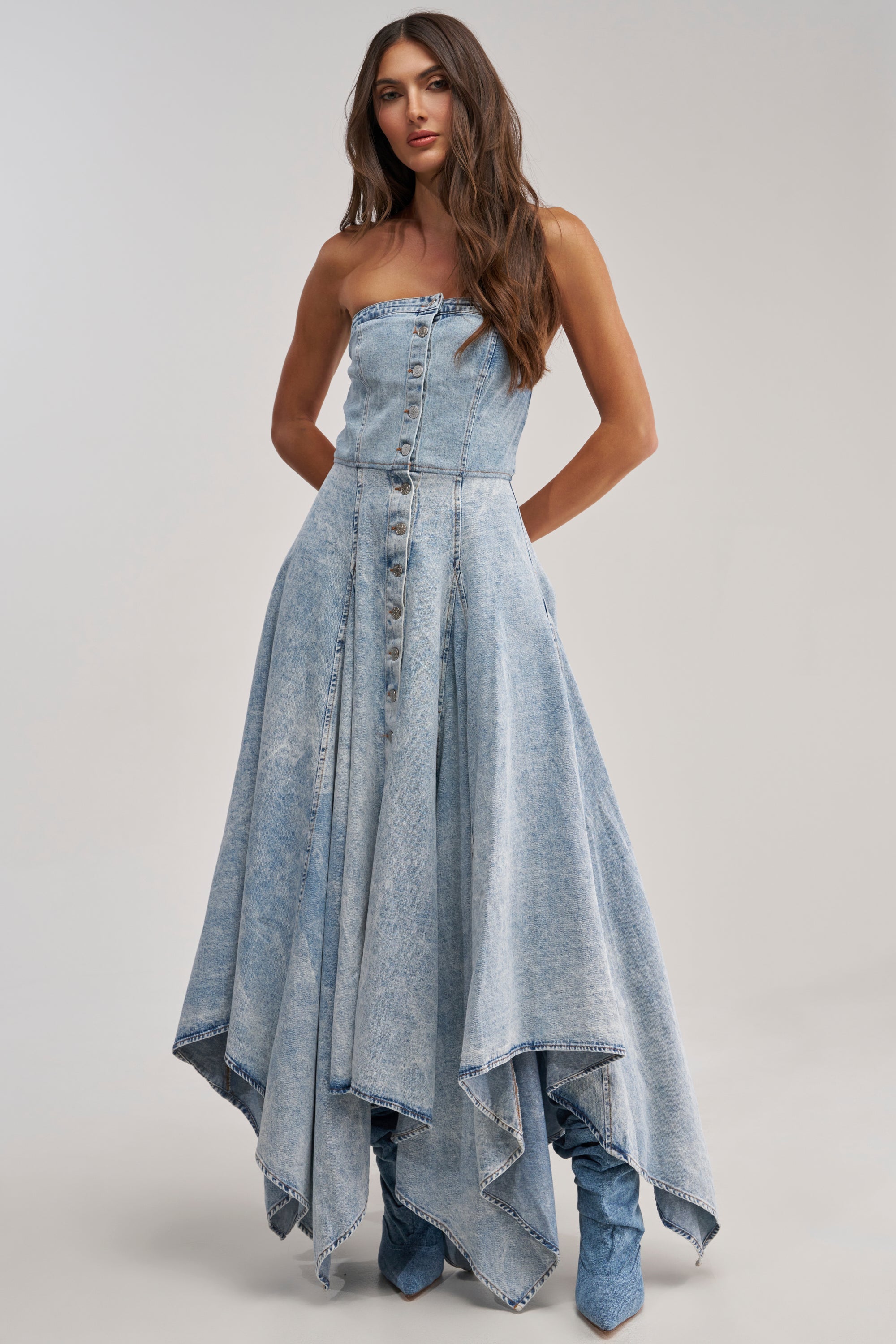 MISS ME YET STRAPLESS DENIM MIDI DRESS