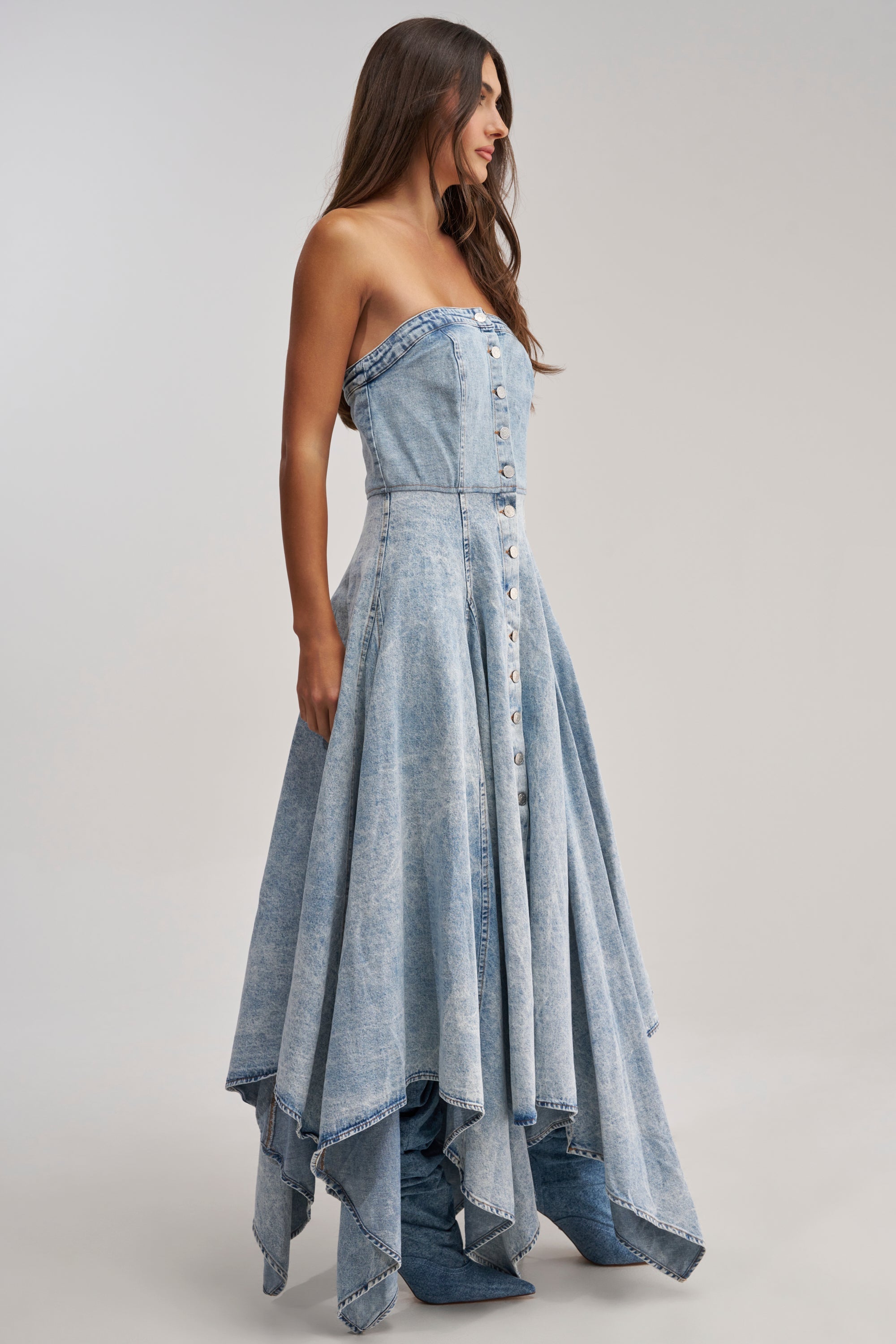 MISS ME YET STRAPLESS DENIM MIDI DRESS