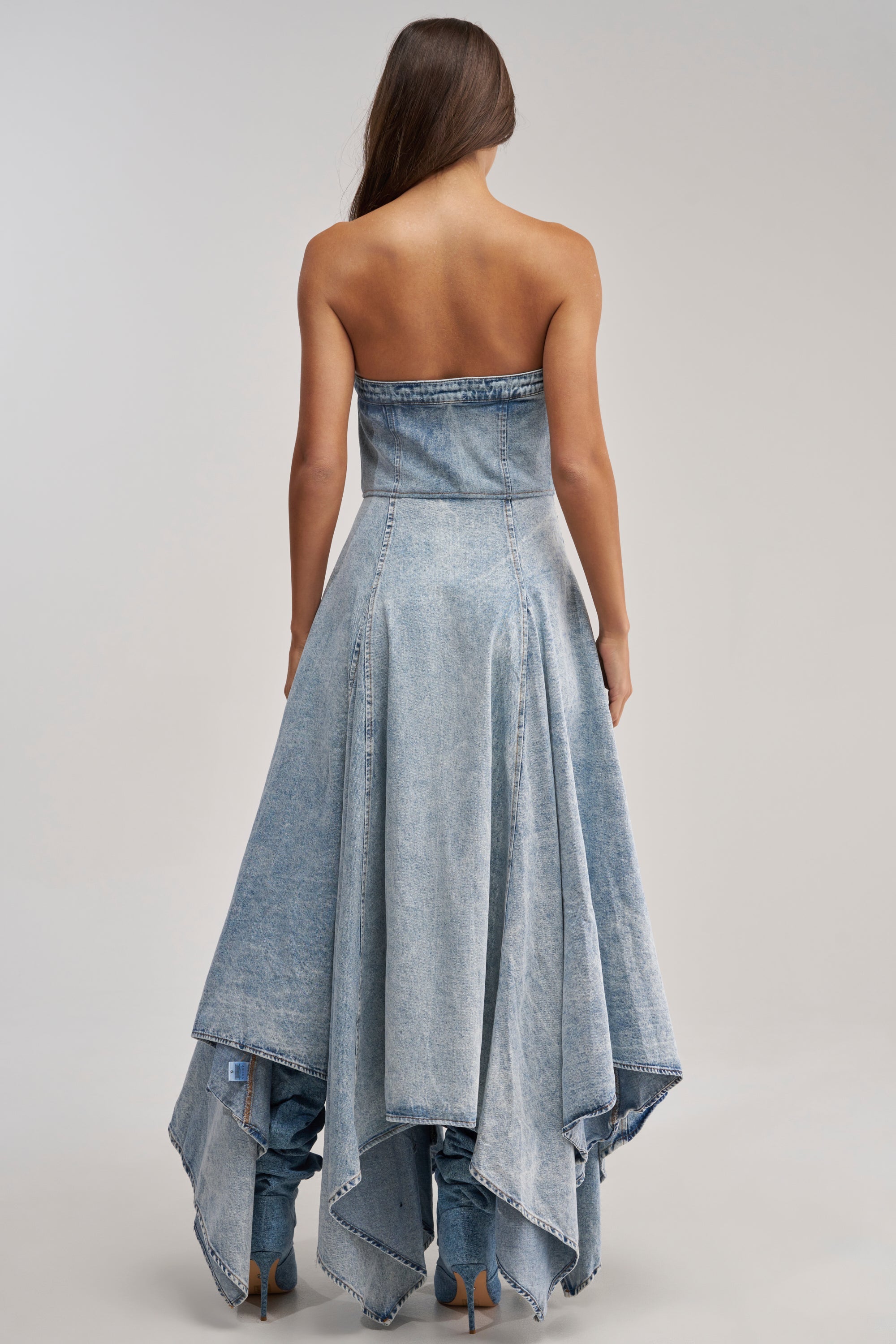 MISS ME YET STRAPLESS DENIM MIDI DRESS