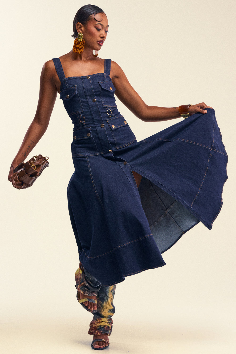 WILDFLOWER DRIFT MIDI DRESS IN DARK BLUE DENIM