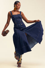WILDFLOWER DRIFT MIDI DRESS IN DARK BLUE DENIM
