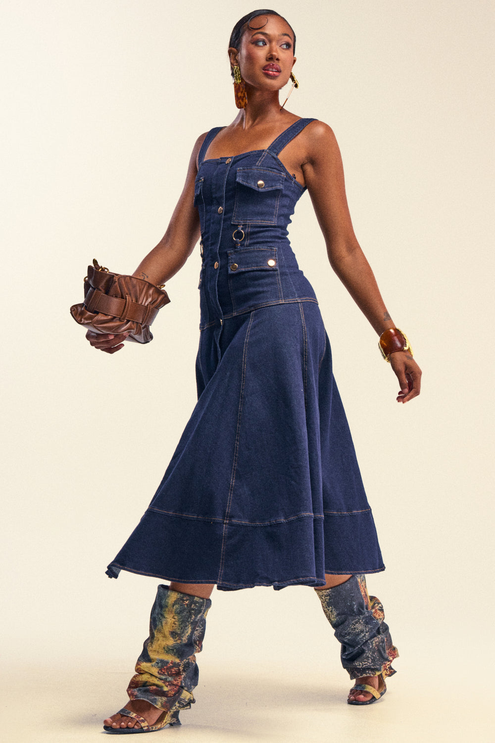 WILDFLOWER DRIFT MIDI DRESS IN DARK BLUE DENIM