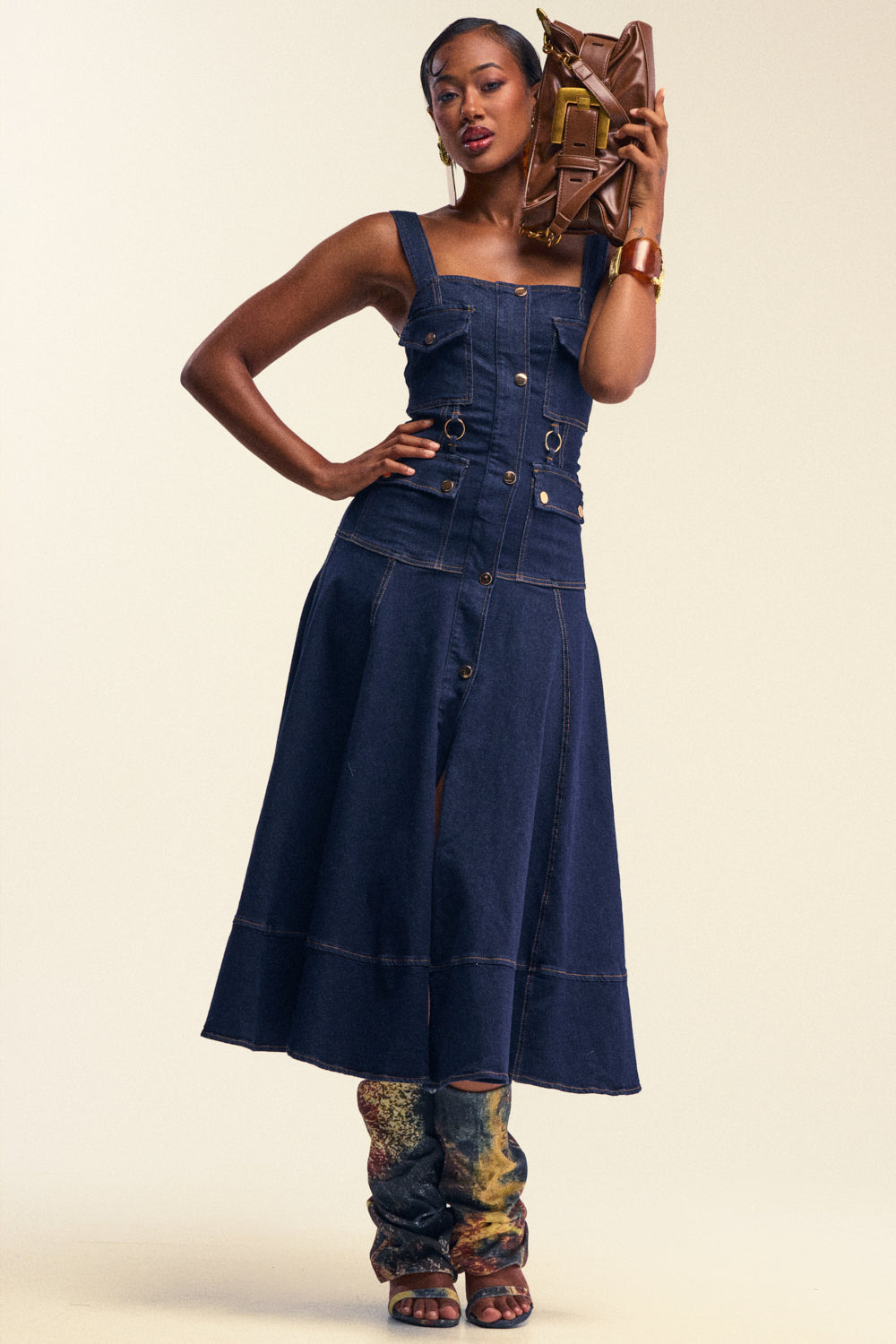 WILDFLOWER DRIFT MIDI DRESS IN DARK BLUE DENIM
