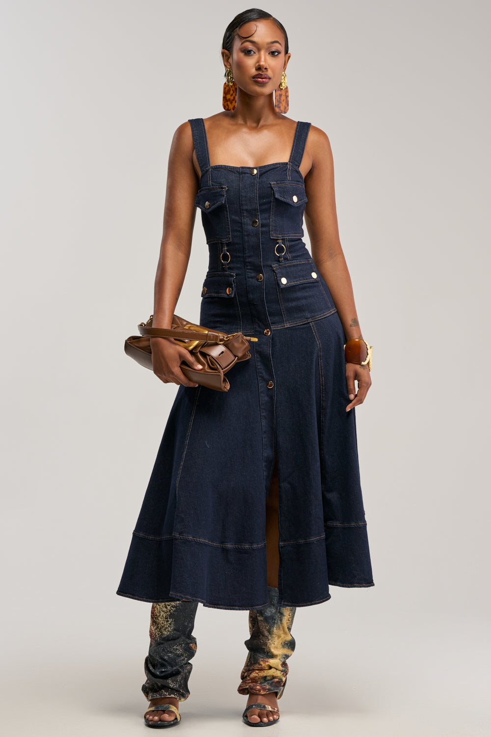 WILDFLOWER DRIFT MIDI DRESS IN DARK BLUE DENIM