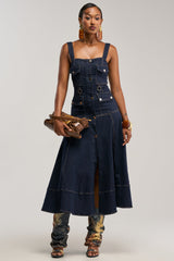 WILDFLOWER DRIFT MIDI DRESS IN DARK BLUE DENIM