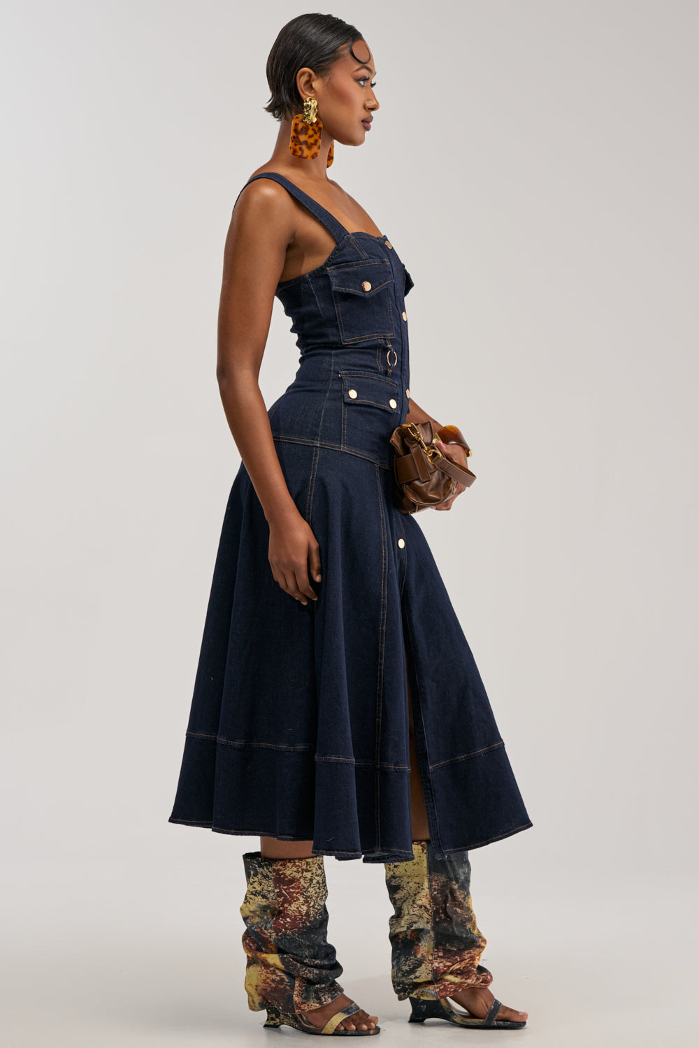 WILDFLOWER DRIFT MIDI DRESS IN DARK BLUE DENIM