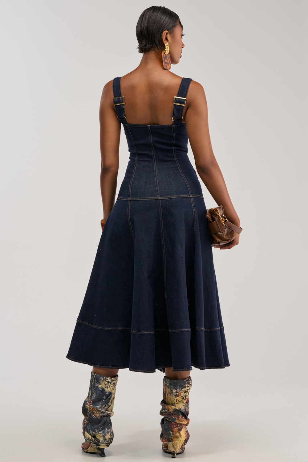 WILDFLOWER DRIFT MIDI DRESS IN DARK BLUE DENIM