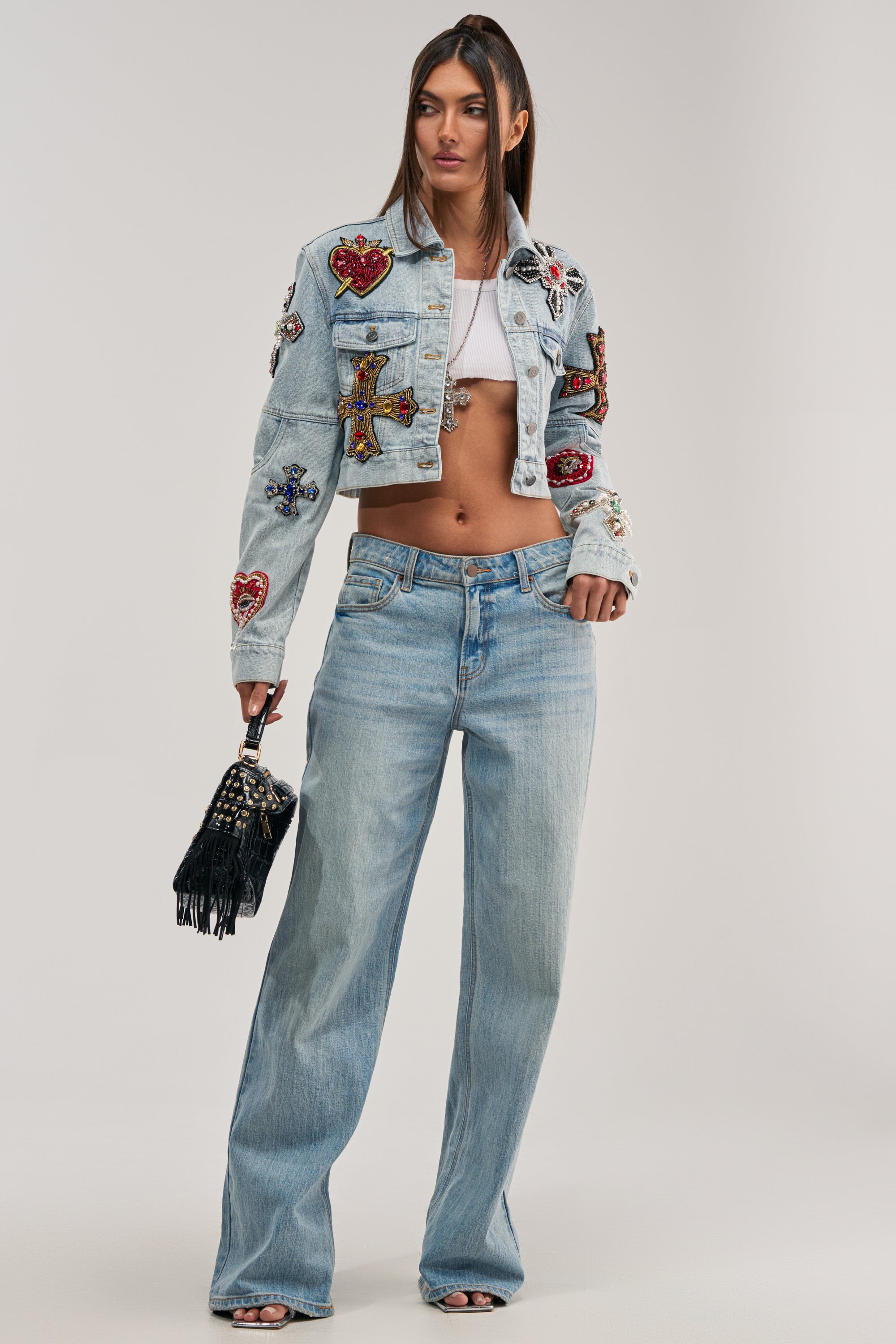GIVE AND TAKE EMBELLISHED DENIM JACKET