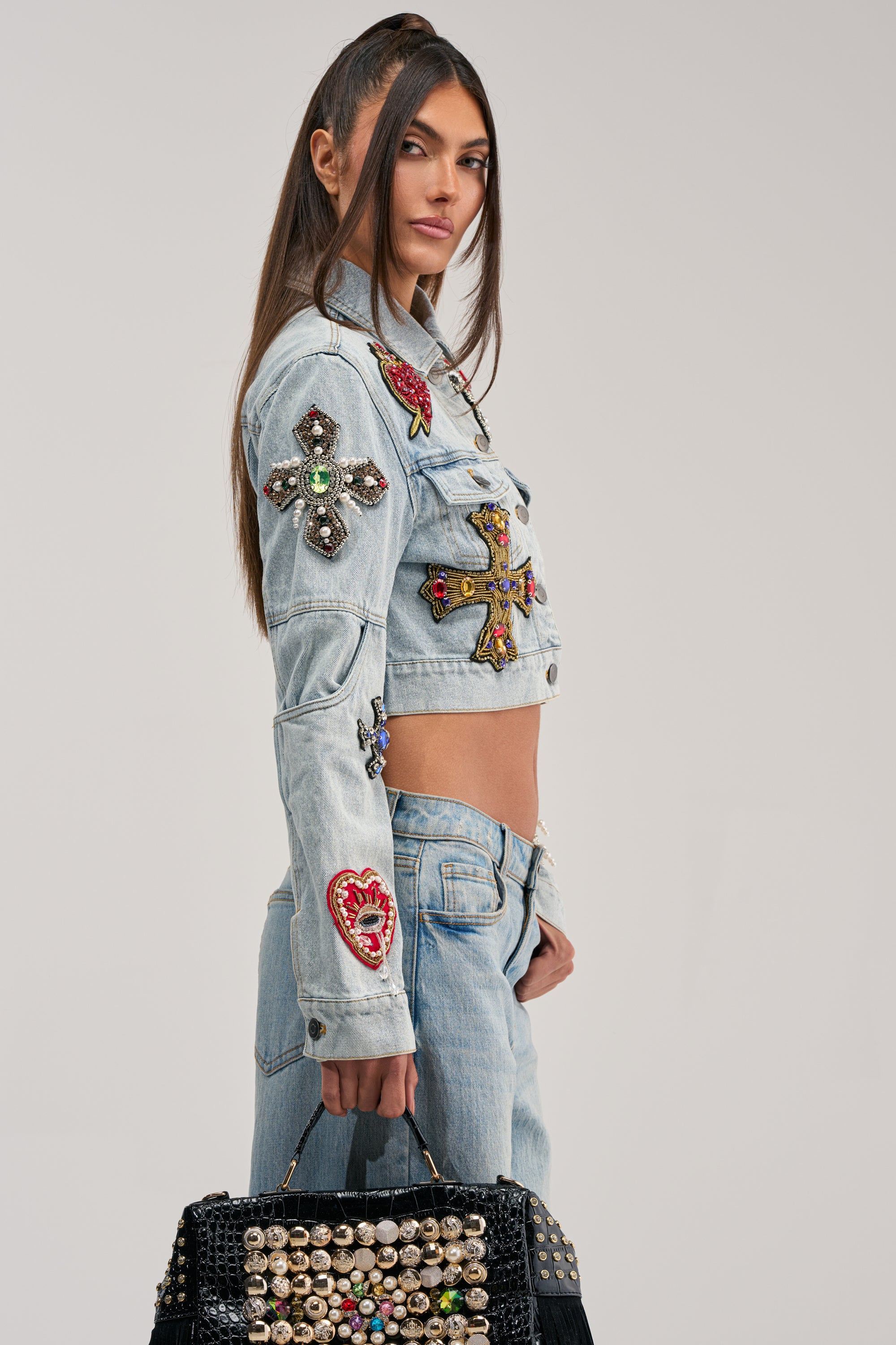 GIVE AND TAKE EMBELLISHED DENIM JACKET