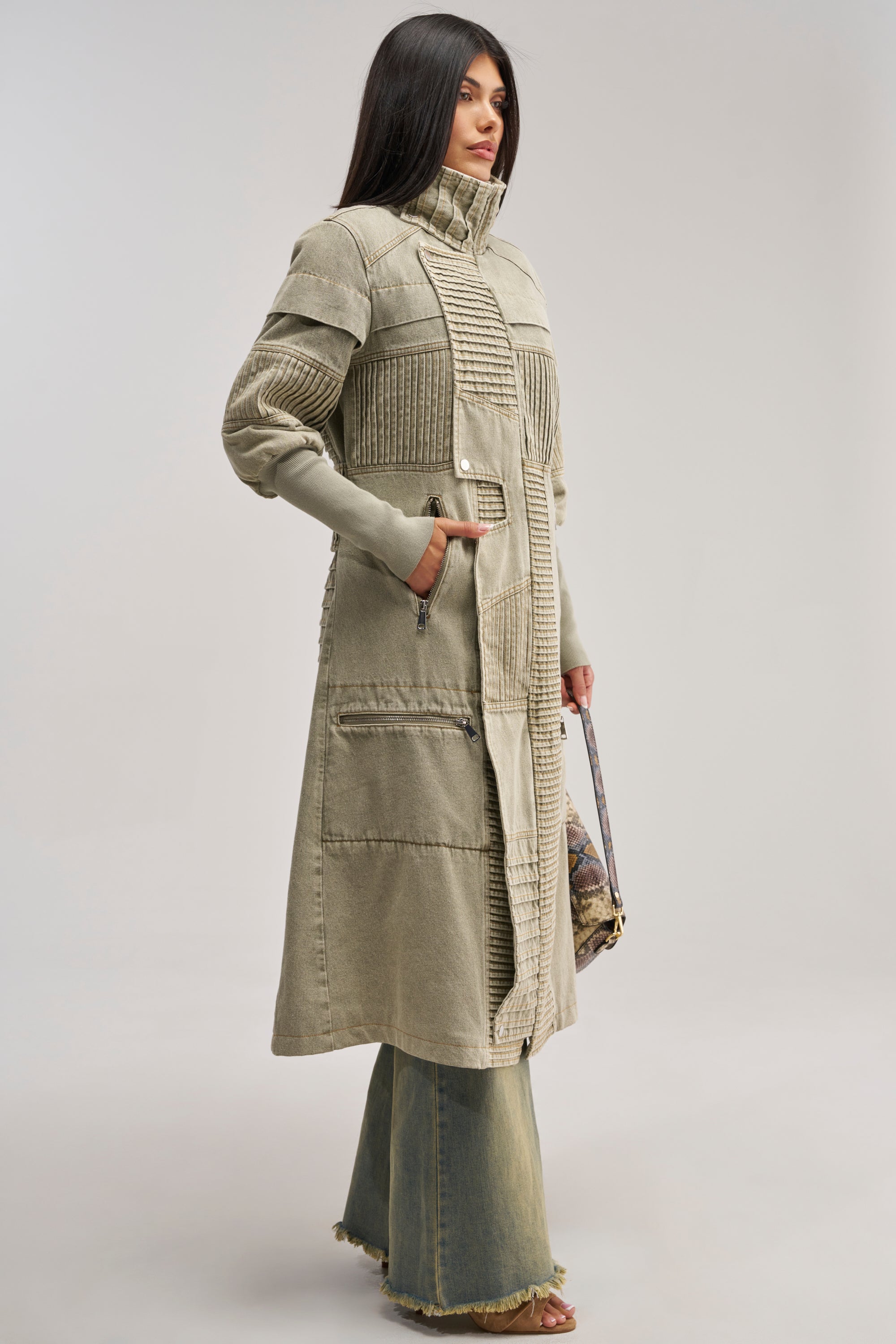 VORTEX DENIM TRENCH COAT IN OLIVE