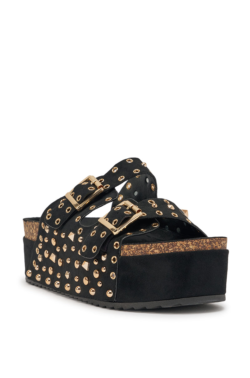 AZALEA WANG KAEGAN BLACK FLATFORM STUD EMBELLISHED SLIP ON SANDAL