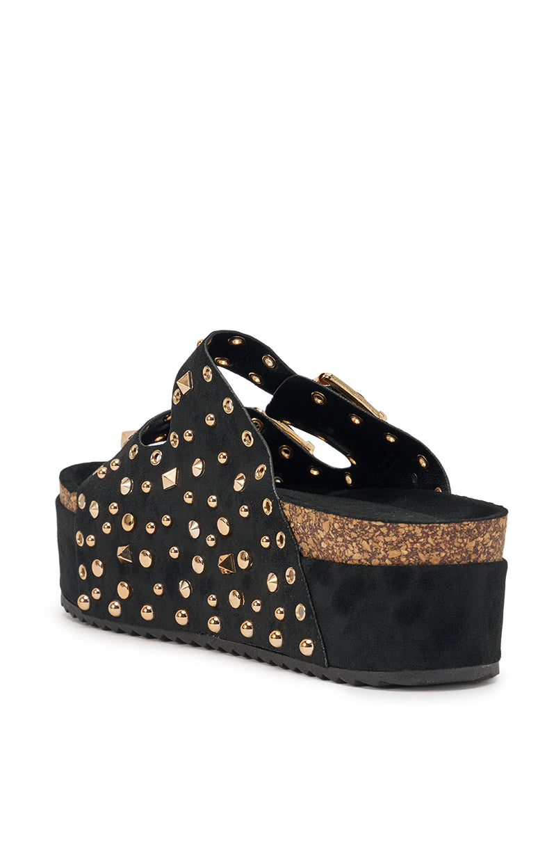 AZALEA WANG KAEGAN BLACK FLATFORM STUD EMBELLISHED SLIP ON SANDAL