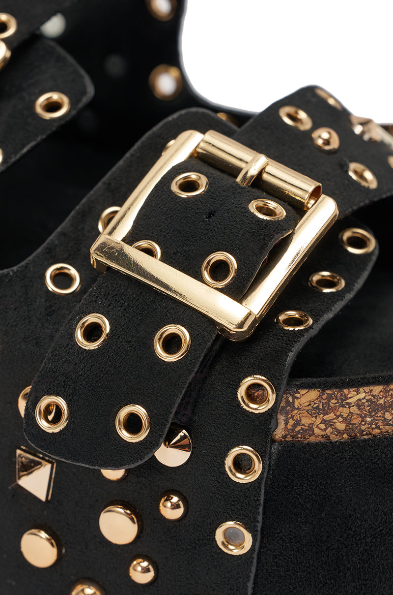 AZALEA WANG KAEGAN BLACK FLATFORM STUD EMBELLISHED SLIP ON SANDAL