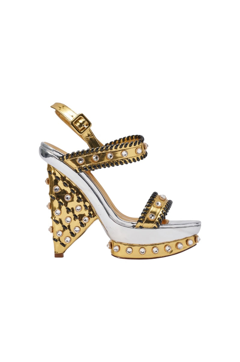 AKIRA GOLD KARINA GOLD METALLIC EMBELLISHED BLOCK HEEL SANDAL